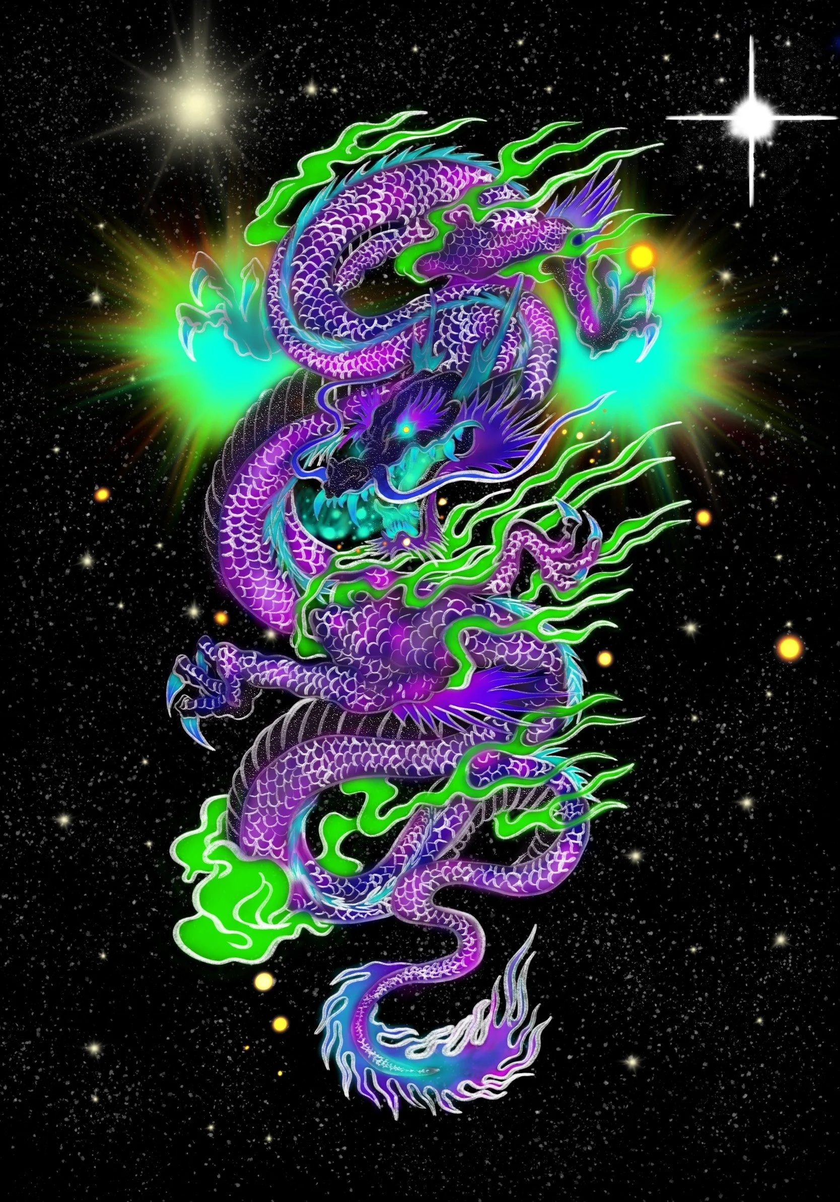 Digital illustration of a colorful, neon-style dragon with purple and green scales, set against a starry space background with bright stars and cosmic light effects.