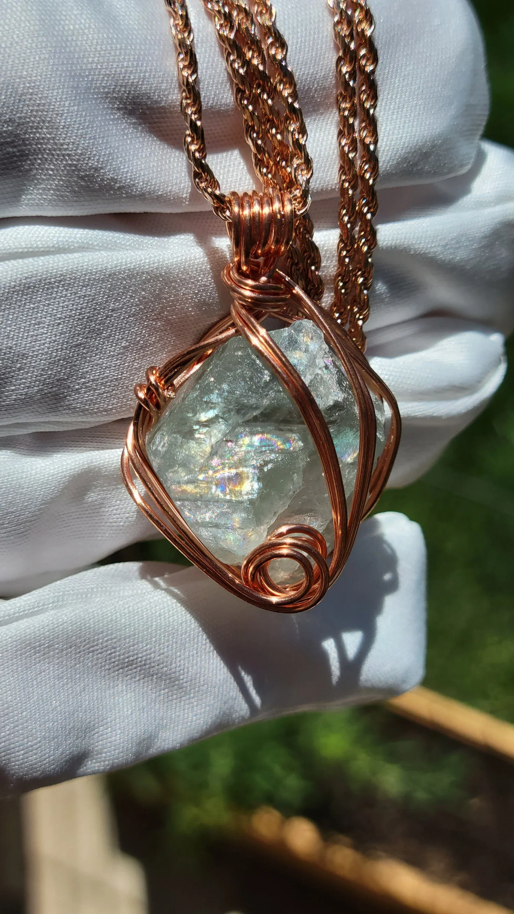 Copper Wrapped Raw Green Fluorite Pendant