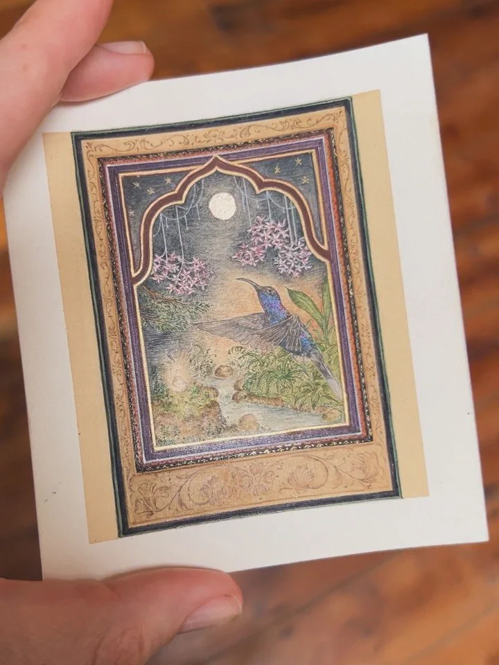 Step by step, layer by layer.

Outline first&hellip; pencil, then walnut ink.

Colour next&hellip; layers of watercolour with a final brush of @harvestmoonwatercolours for iridescence.

Background&hellip; complete with a genuine bronzite and kyanite 