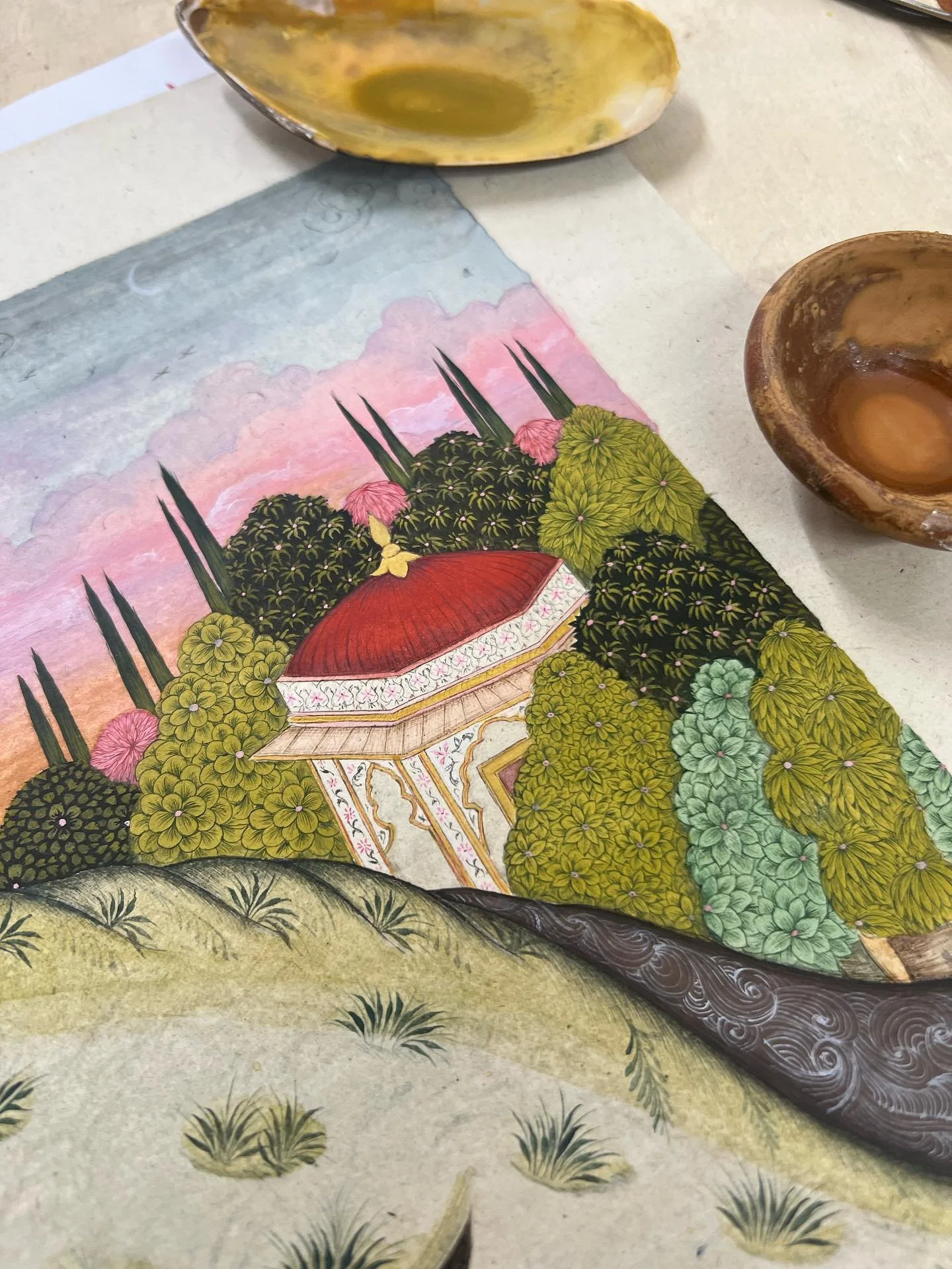 Another enriching week was recently spent learning the traditional art of Indian Miniature painting under master teachers Ajay and Vinita Sharma (thank you!). Turns out my study piece ended up being an Indian rendition of my own galavanting mountain 