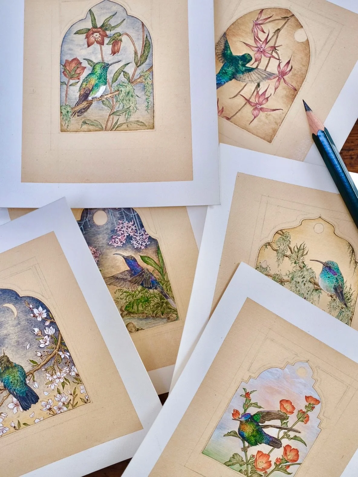 hello hello ~ a few pictures to share of a new series of hummingbird miniatures that I have been working on... gold and borders are still to surround the skies which have been painted with shades of kyanite, lapis lazuli, bronzite, fuchsite and malac