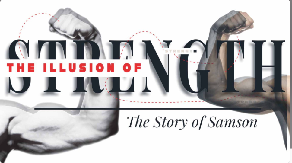 Illustration of two muscular arms flexing, with the title 'Strength' and the subtitle 'The story of Samson' overlaid.