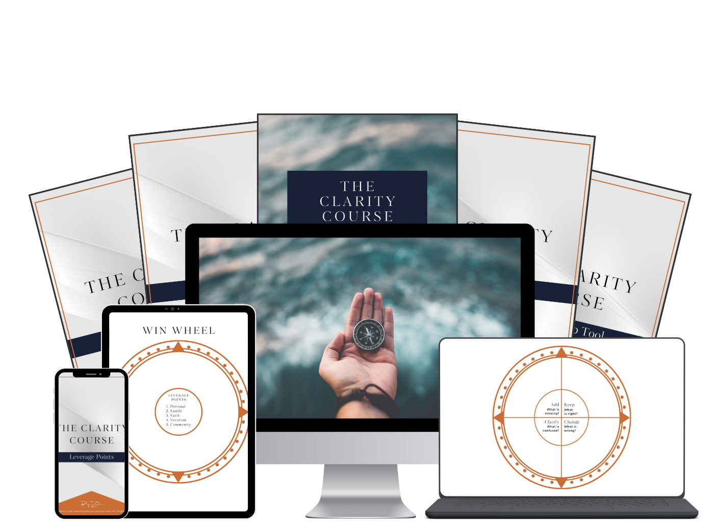 Multiple digital screens and printed materials related to 'The Clarity Course,' featuring a hand holding a compass over water, with circular diagrams labeled 'Leverage Points' with categories like 'Personal,' 'Family,' 'Faith,' 'Vocation,' and 'Community'.