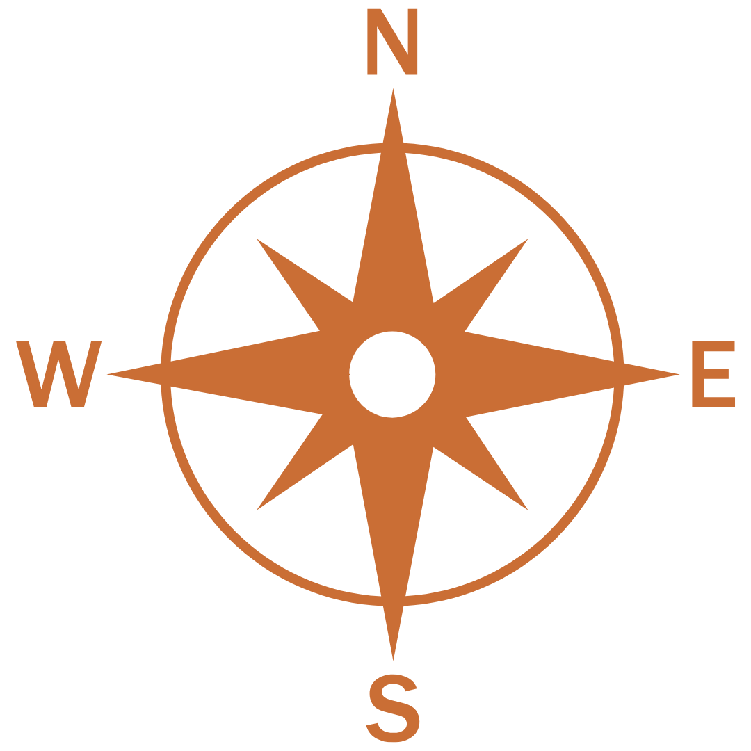 A compass rose with cardinal directions N, E, S, W in brown against a black background.