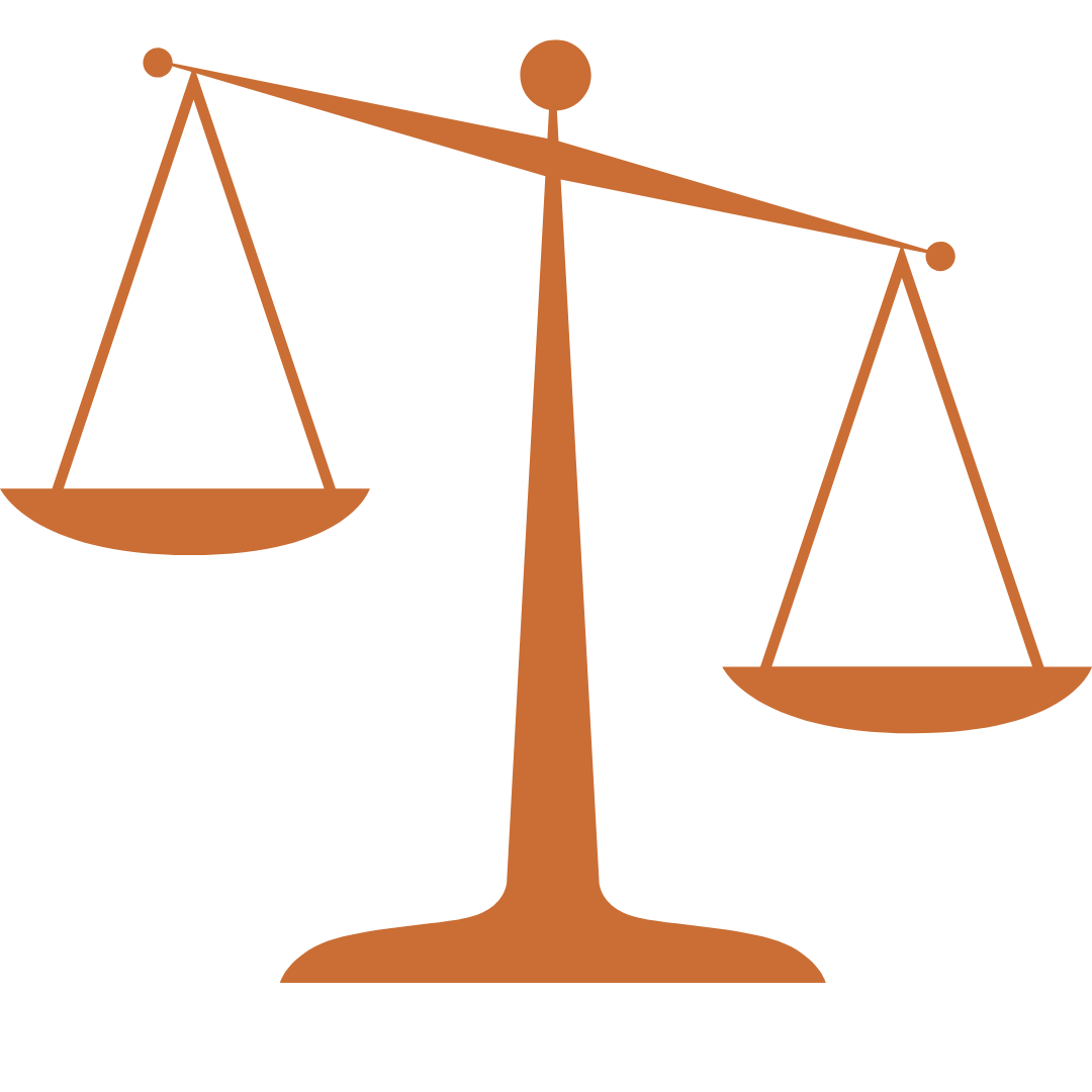 A brown scale of justice with balances hanging from each side.
