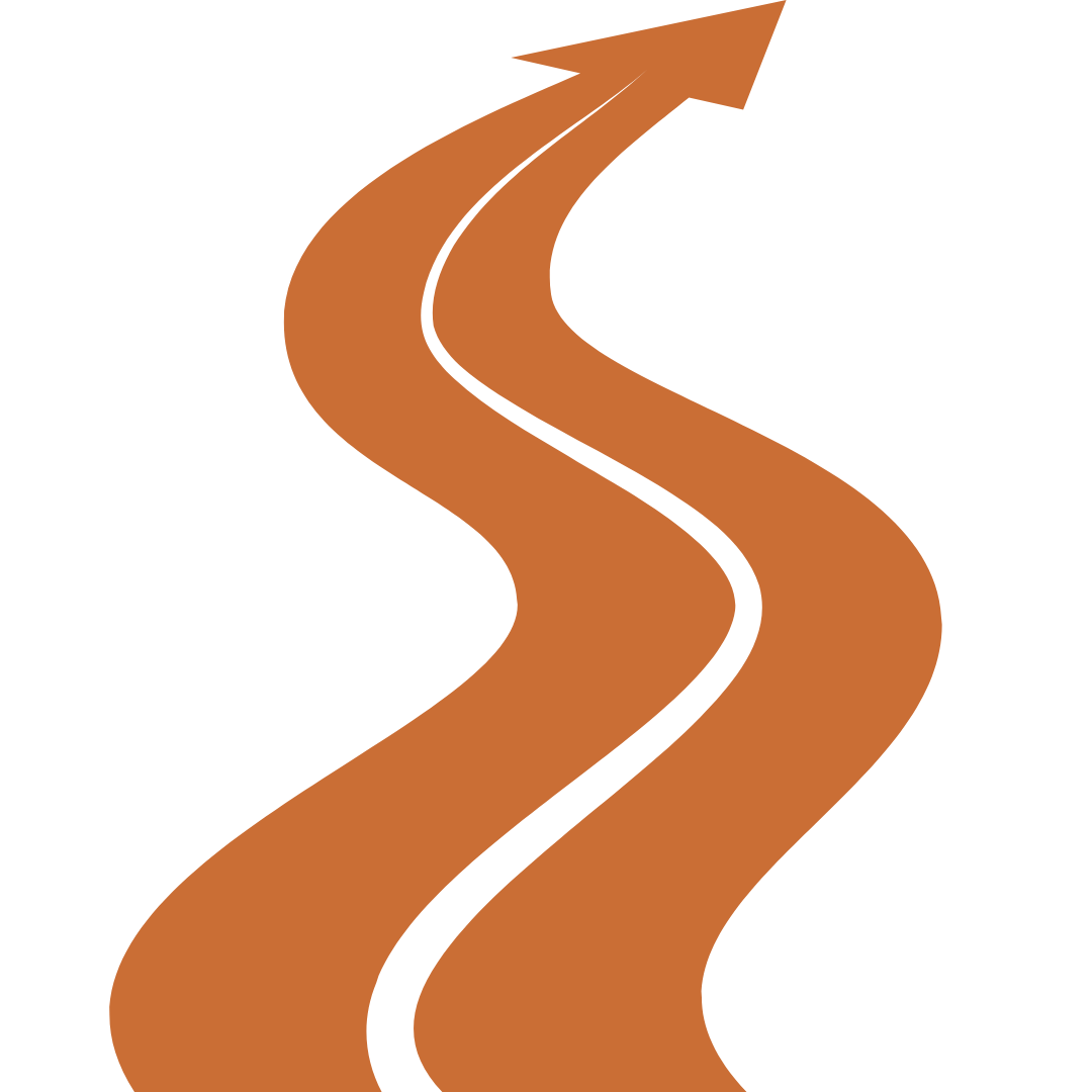 A winding brown road with a white center line, leading towards the horizon.