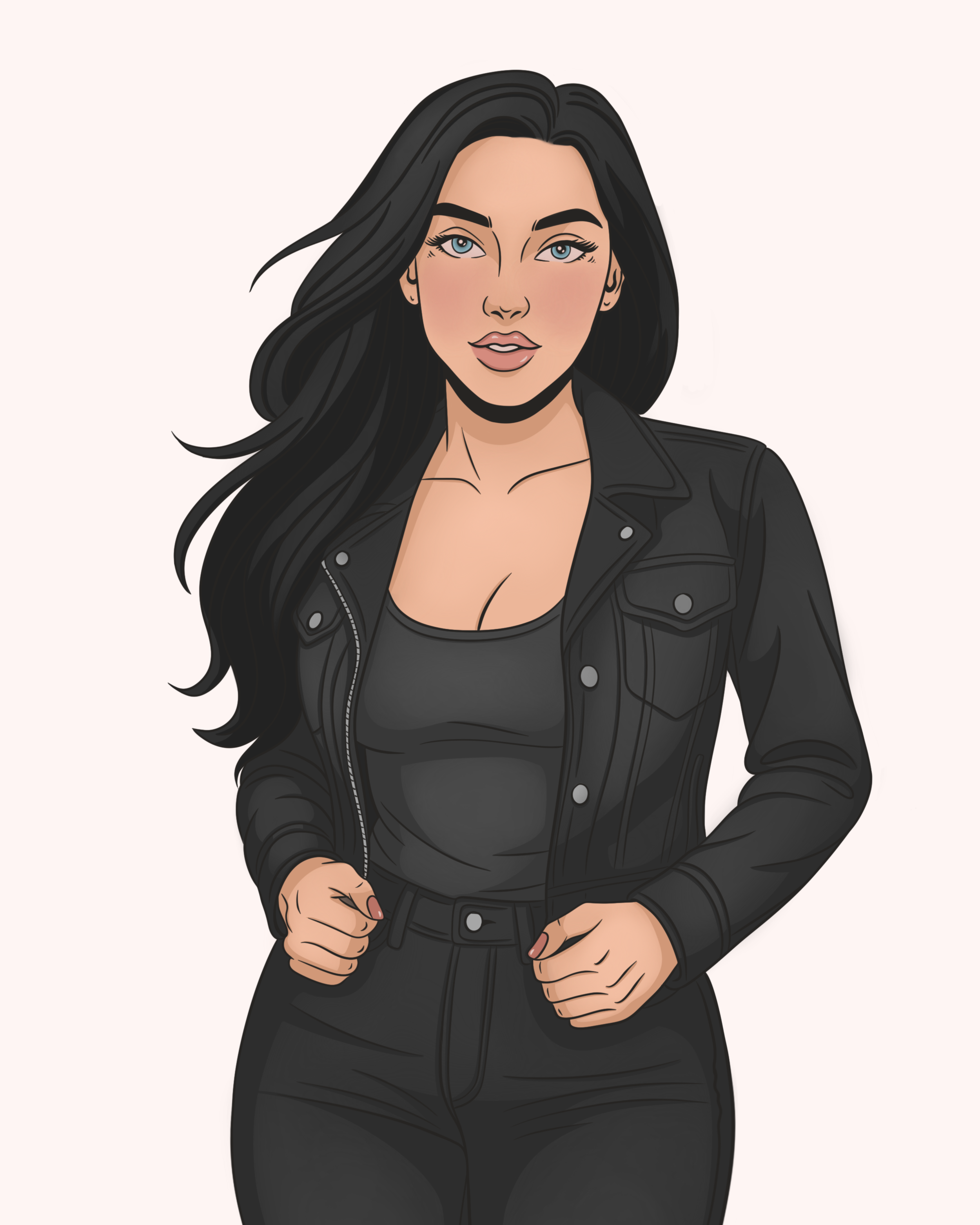 Illustration of a woman with long black hair, blue eyes, wearing a black leather jacket over a black top, standing with fists slightly clenched.