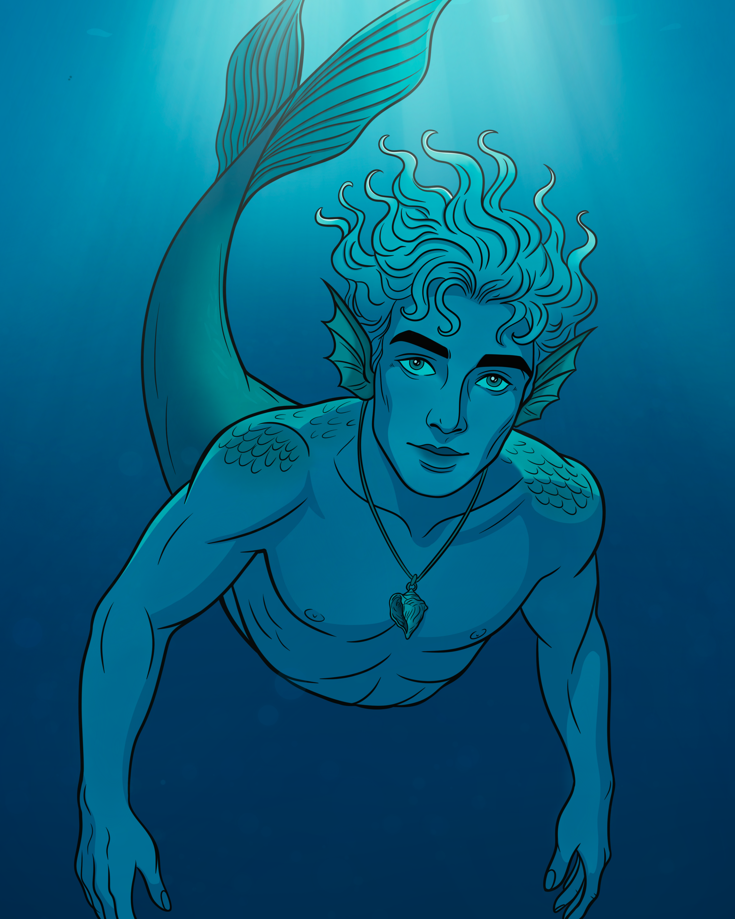 Digital illustration of a male merman with curly hair, fins on his ears, scaled shoulders, and a heart-shaped pendant necklace, swimming underwater.