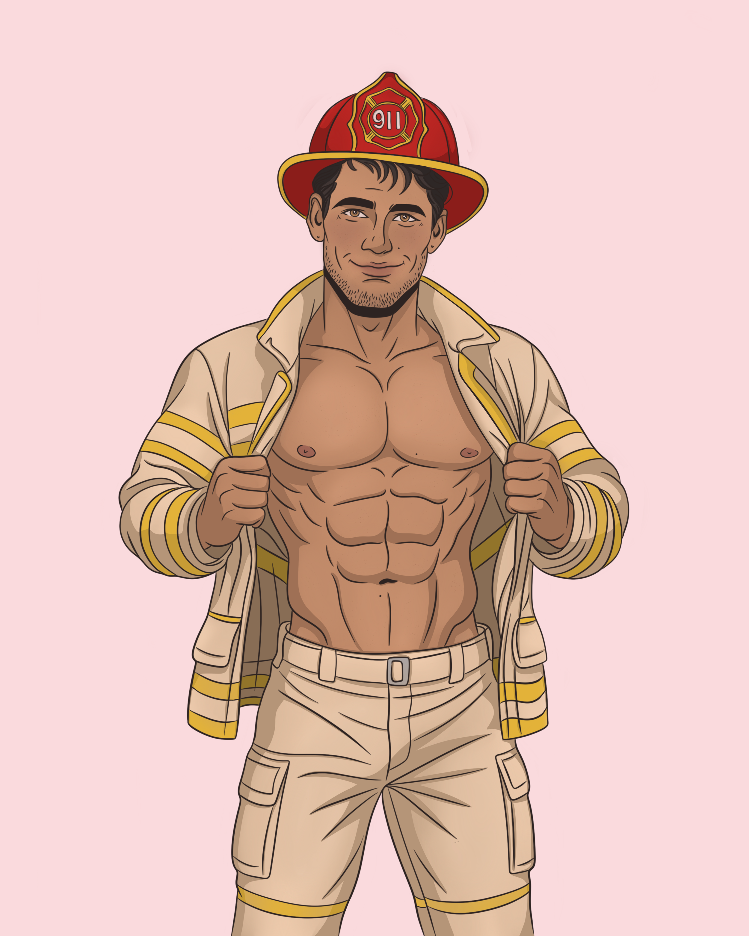 A cartoon illustration of a muscular man wearing a firefighter's hat and beige firefighter pants, unzipping his beige jacket to reveal his defined abs, against a pink background.
