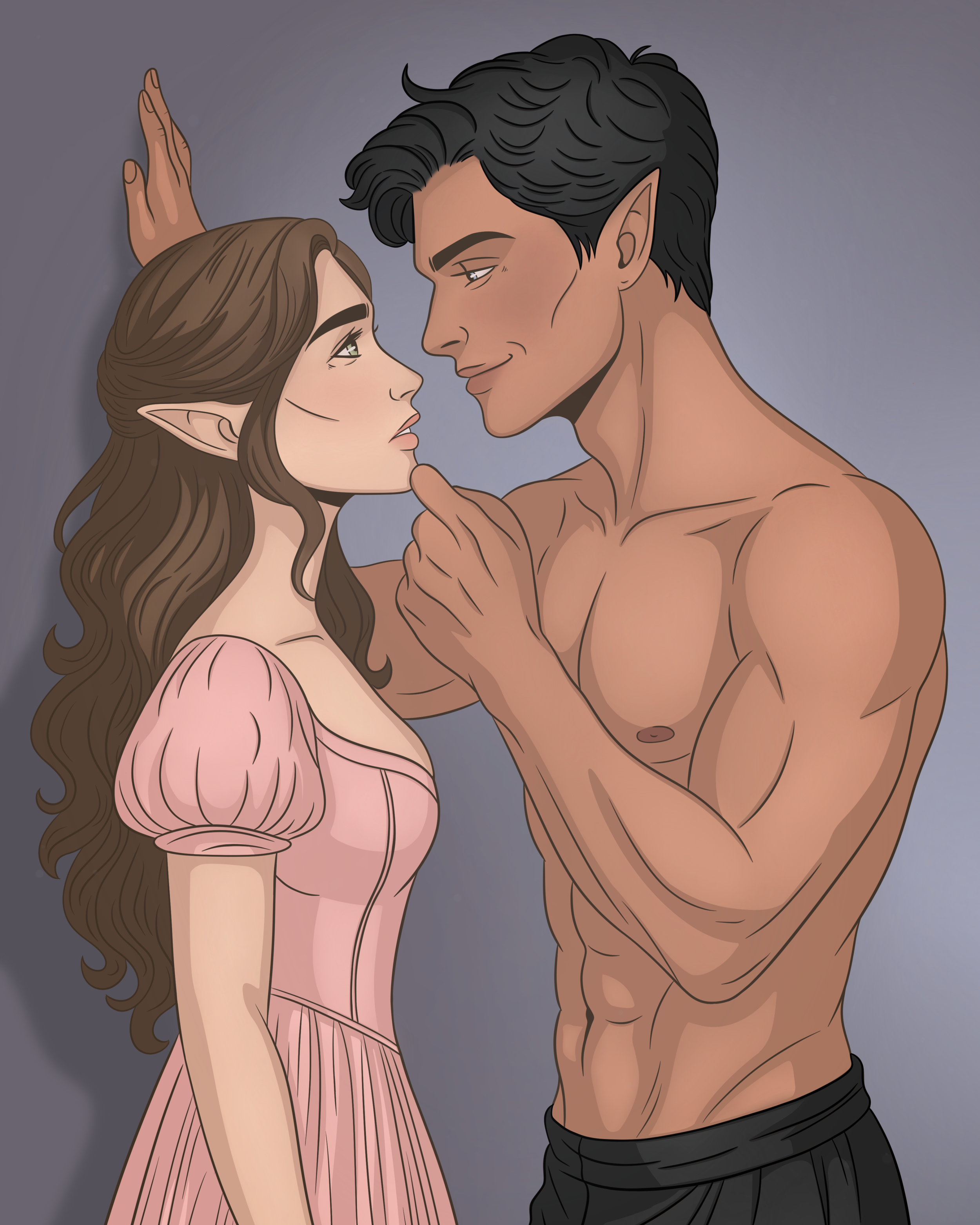An elf woman with long brown hair and a pink dress looking into the eyes of a muscular man with dark hair and tan skin, who is touching his chin and looking back at her