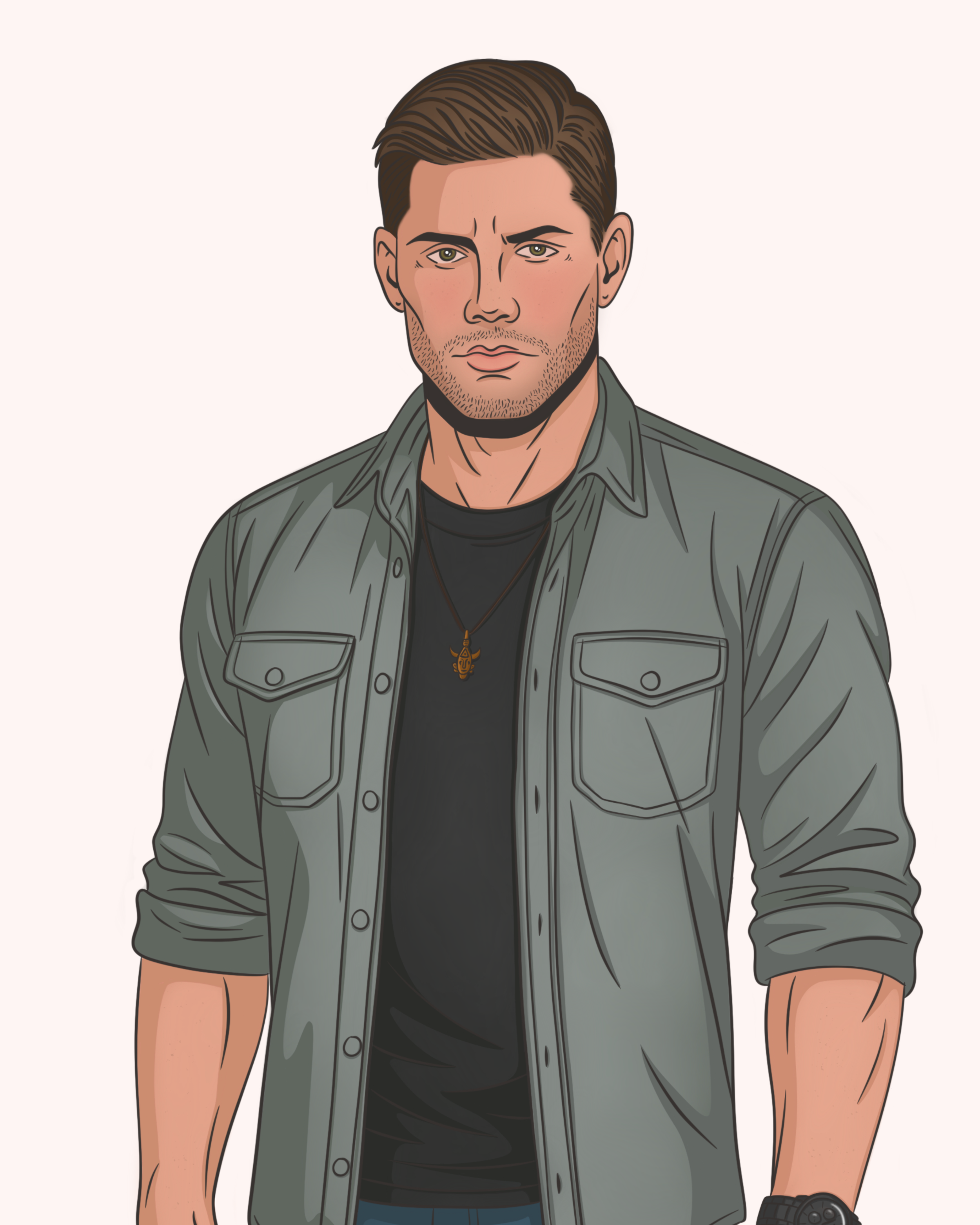 A digital illustration of a young man with brown hair, slight beard, wearing a green jacket over a black shirt, with a gold necklace and a watch, standing against a plain background.