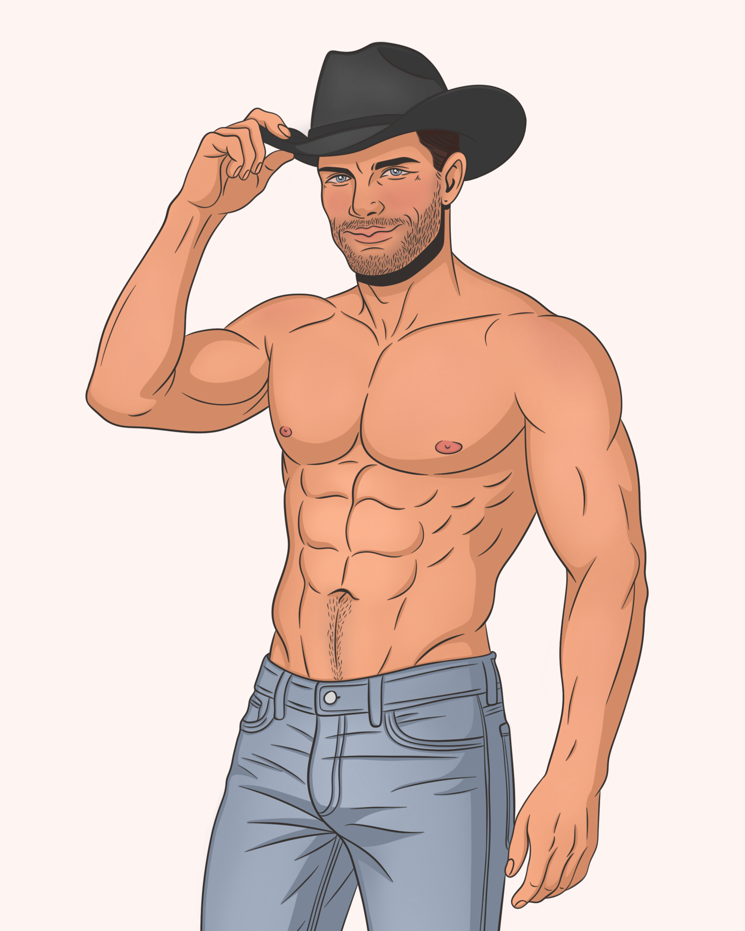 A muscular man wearing a black cowboy hat and jeans, shirtless, adjusting his hat with a confident expression.