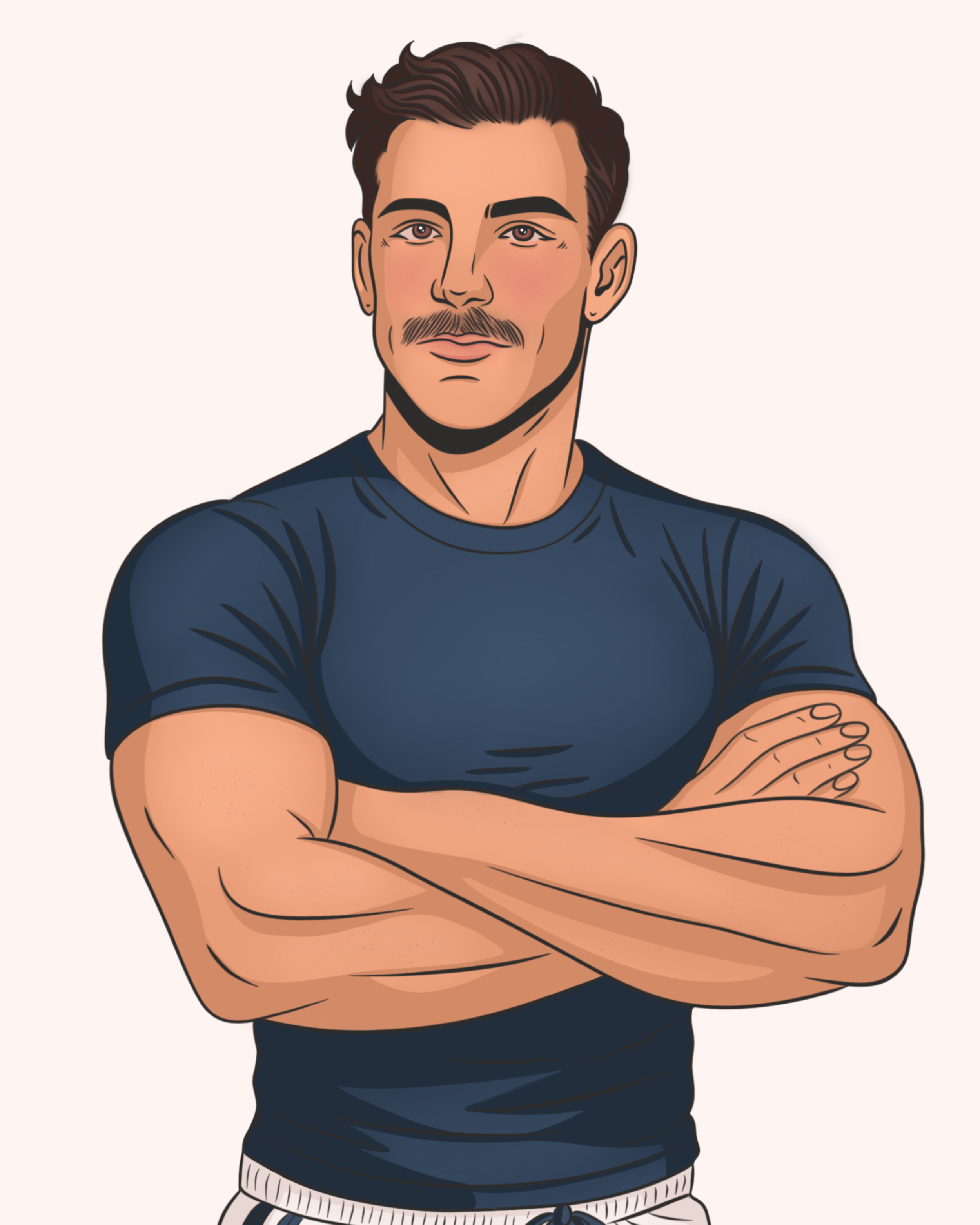 Digital illustration of a young man with a mustache, arms crossed, wearing a dark blue t-shirt, against a light background.
