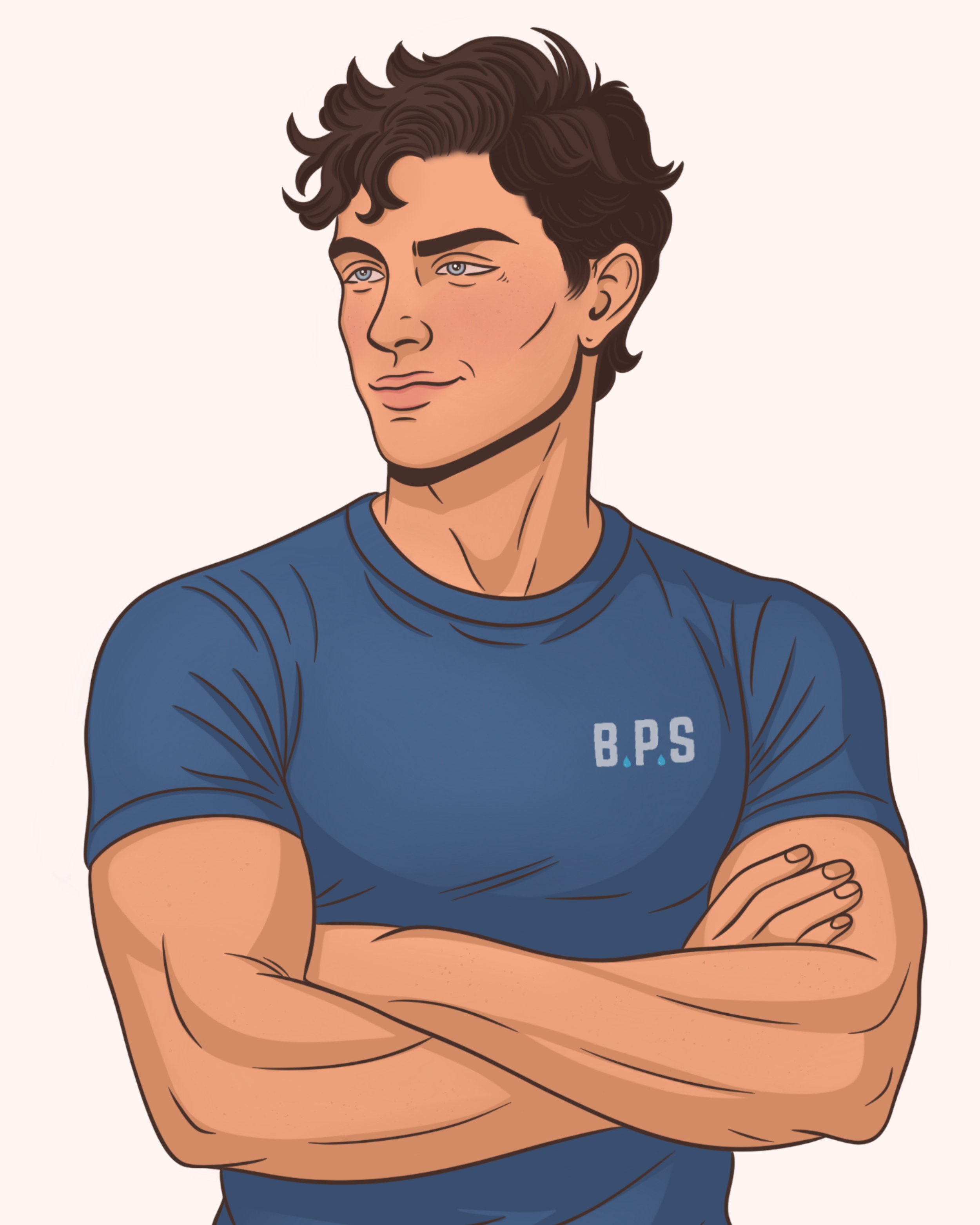 Digital illustration of a muscular young man with crossed arms, wearing a blue t-shirt with the initials "B.P.S" on it, and having curly brown hair and a confident expression.