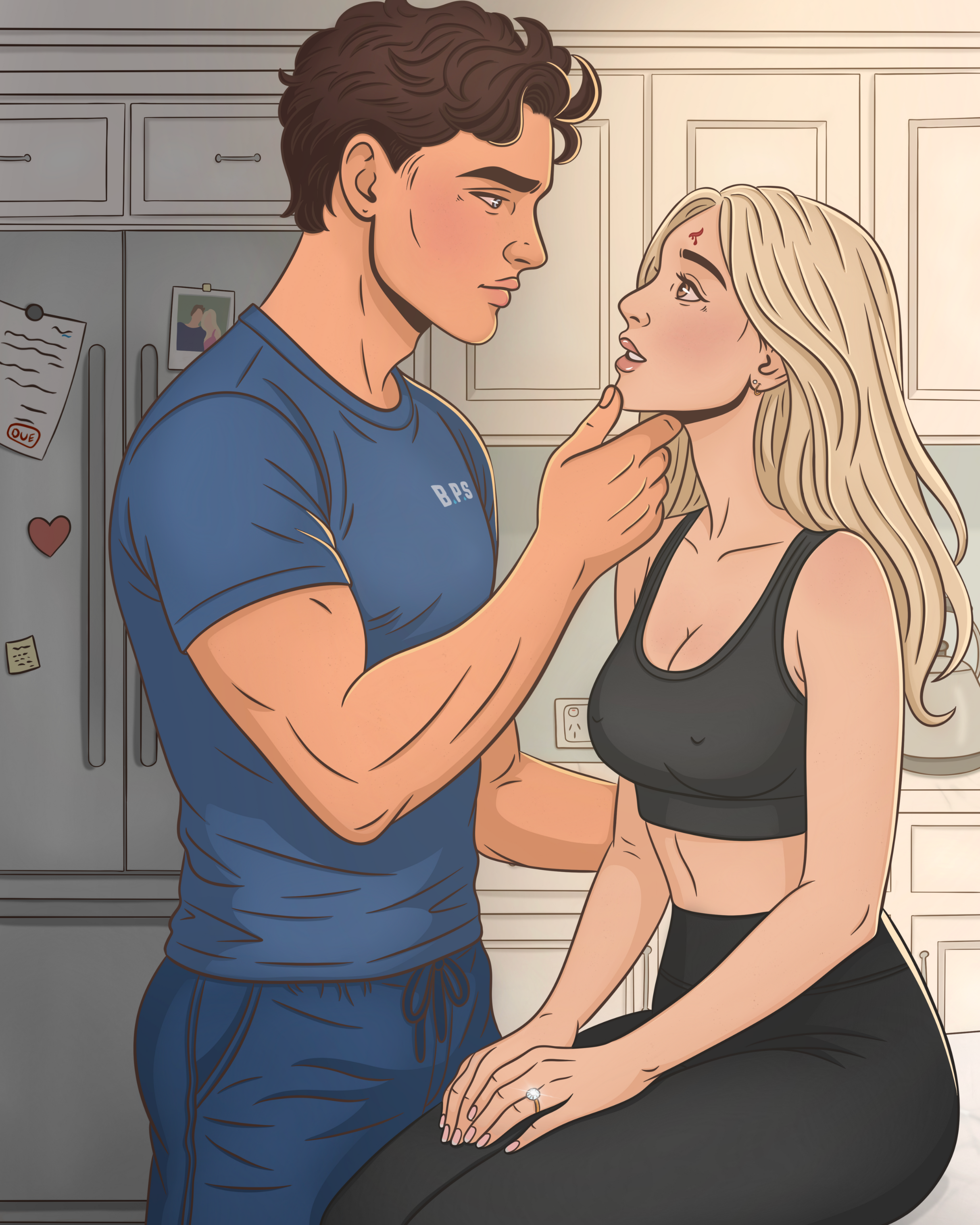 A man gently touching a woman's chin as they look at each other in a kitchen setting, with the woman sitting and wearing a black sports bra and the man in a blue t-shirt.