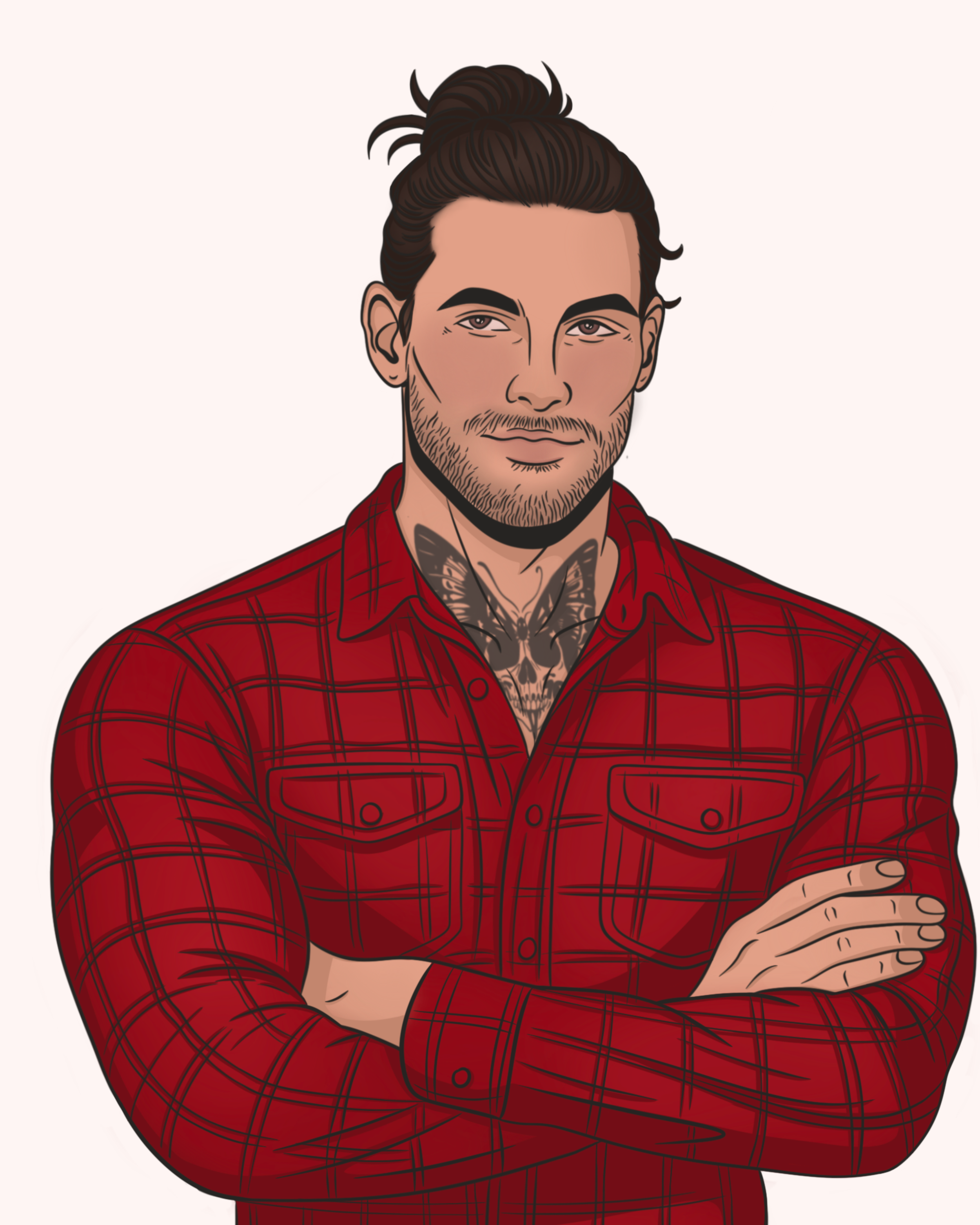 Digital illustration of a man with brown hair in a bun, beard, and a tattoo on his chest, wearing a red plaid shirt with arms crossed.