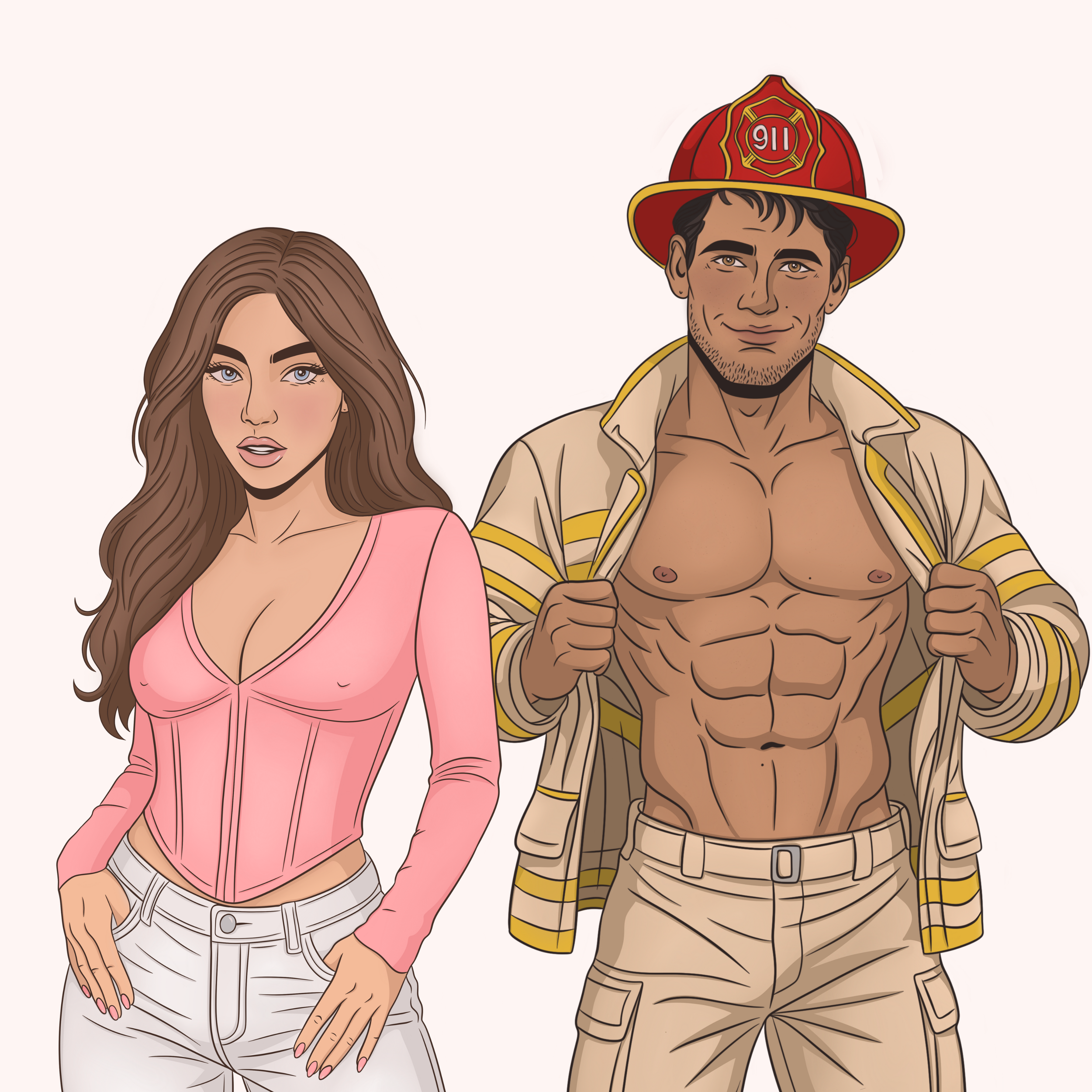 Digital illustration of a woman with long brown hair and a man with a firefighter helmet and shirt open to reveal muscular torso