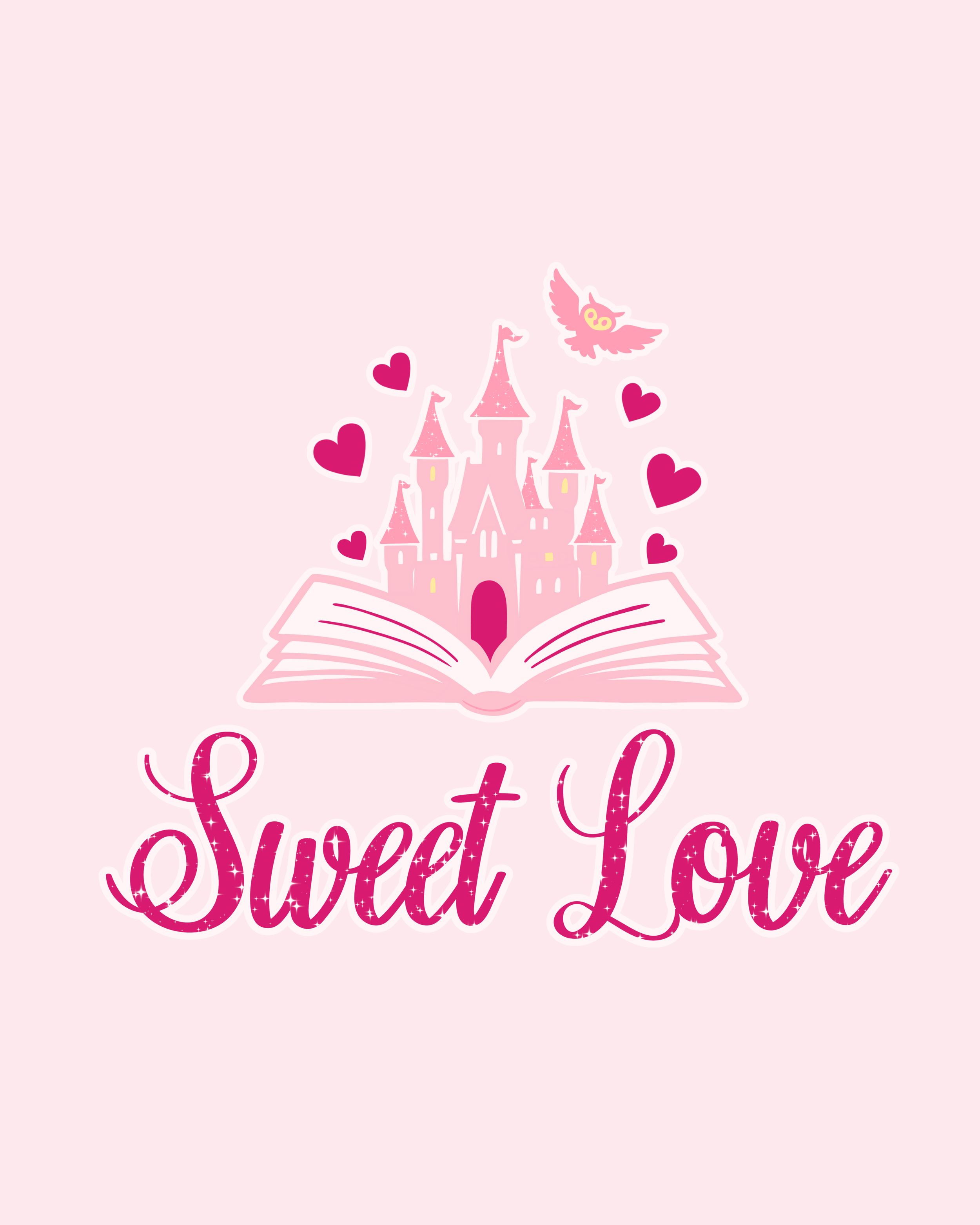 Pink castle emerging from an open book, surrounded by hearts and a flying owl, with the words "Sweet Love" underneath.