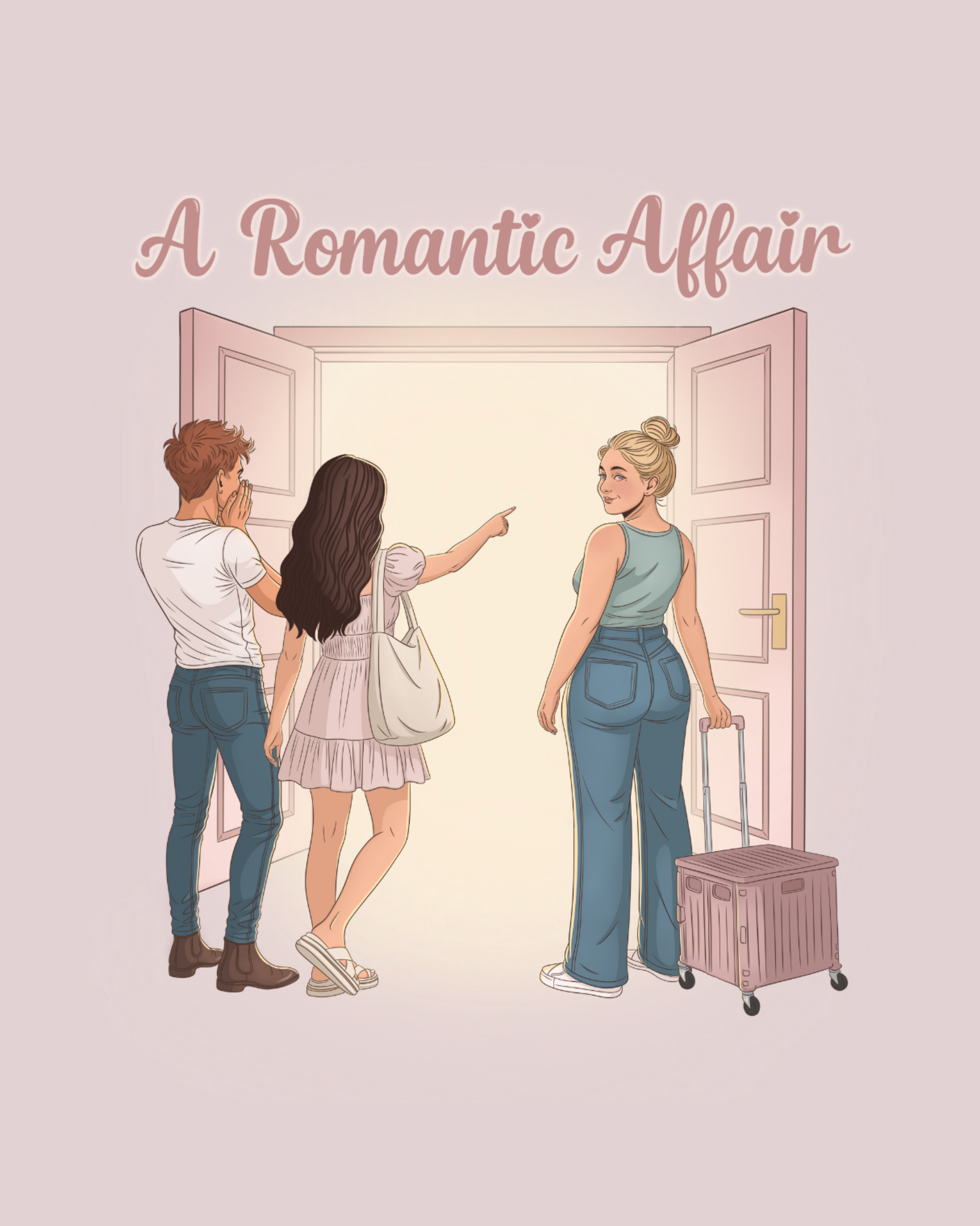 Illustration of three people standing at a door, with the woman on the right holding a suitcase, and the other two pointing towards her, with the text "A Romantic Affair" above.
