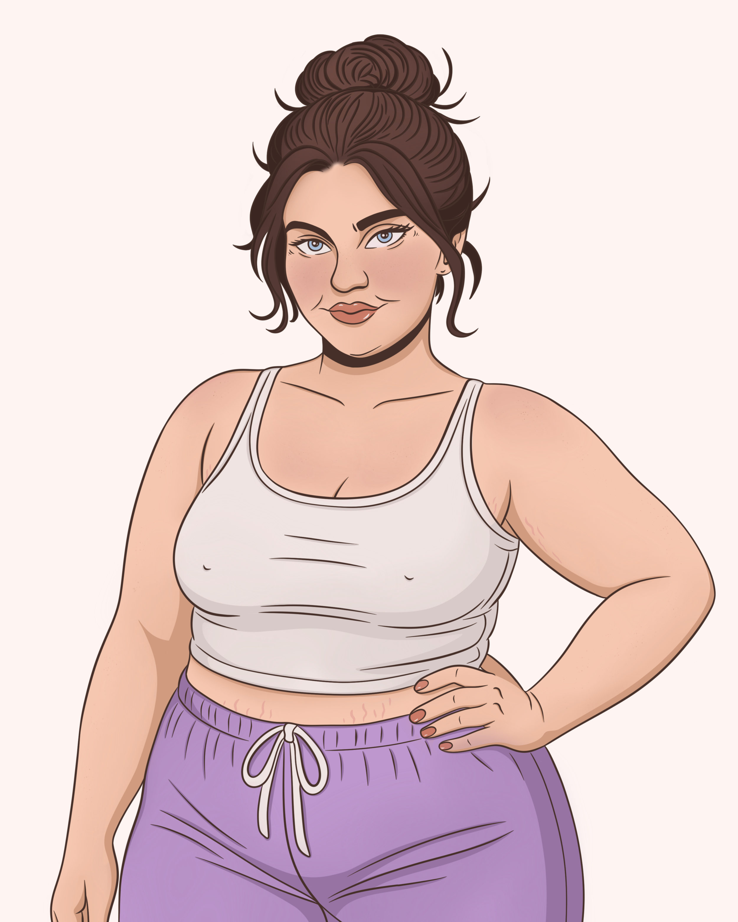 Digital illustration of a confident woman with brown hair in a top bun, wearing a white tank top and purple drawstring pants, standing with one hand on her hip.