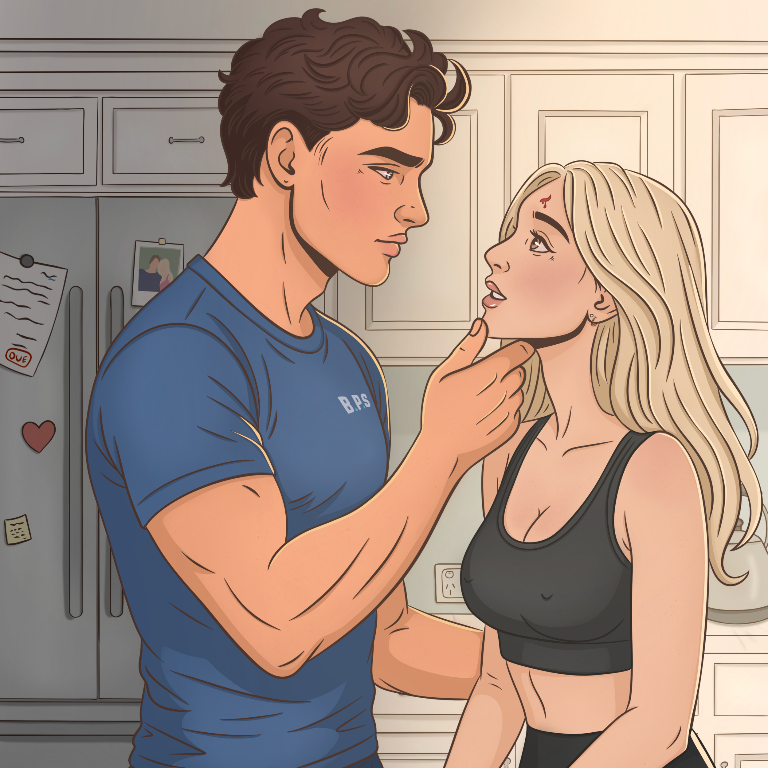 A man with muscular arms and a blue shirt gently touching the chin of a woman with long blonde hair and a black sports bra in a kitchen.