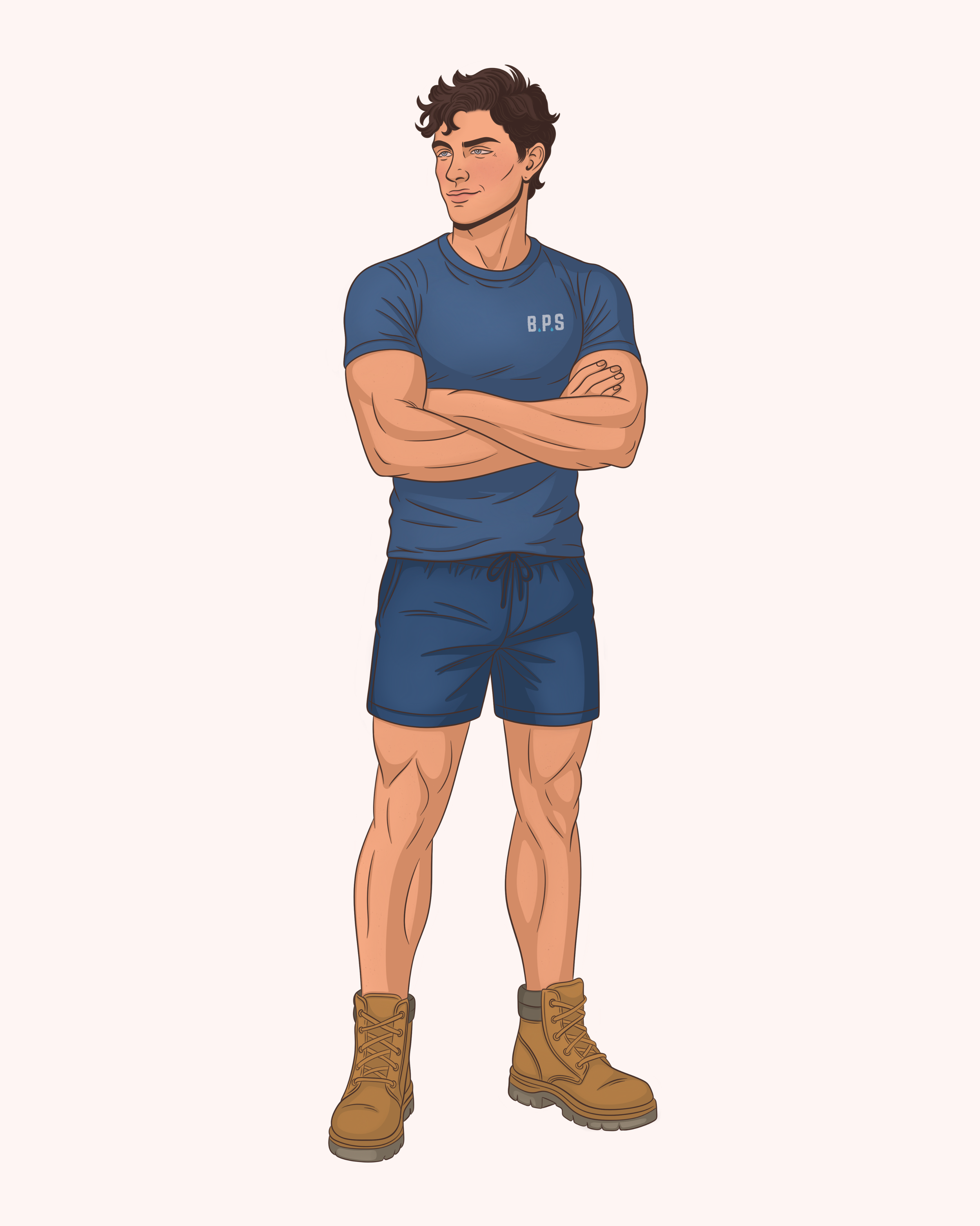 A digitally illustrated man standing with arms crossed, wearing a blue t-shirt with 'B.P.S' on it, blue shorts, and tan work boots, on a plain light background.