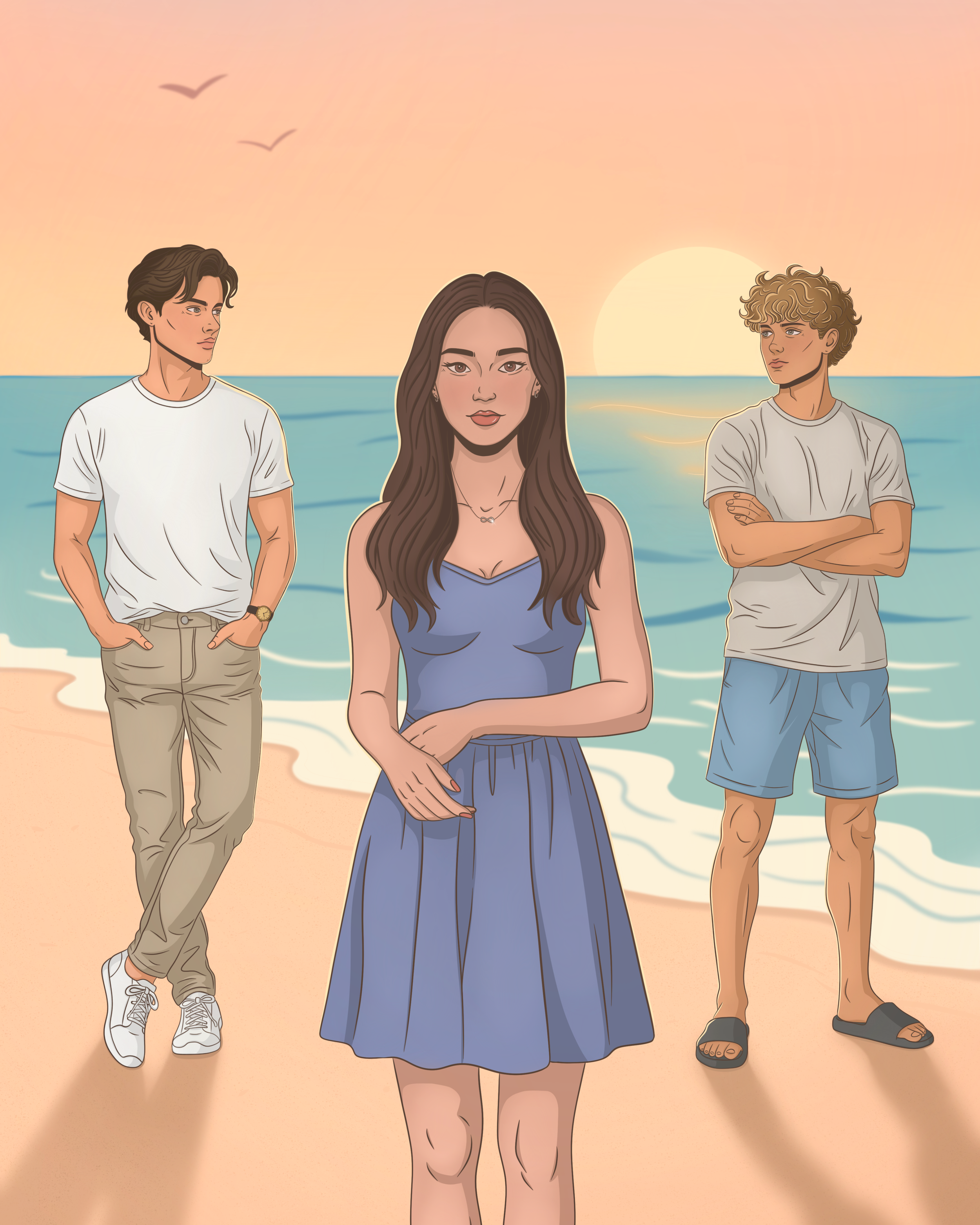 Illustration of three young people standing on a beach during sunset, with the ocean and birds in the background. A woman with long dark hair in the center wears a blue dress, flanked by two men in casual clothing.