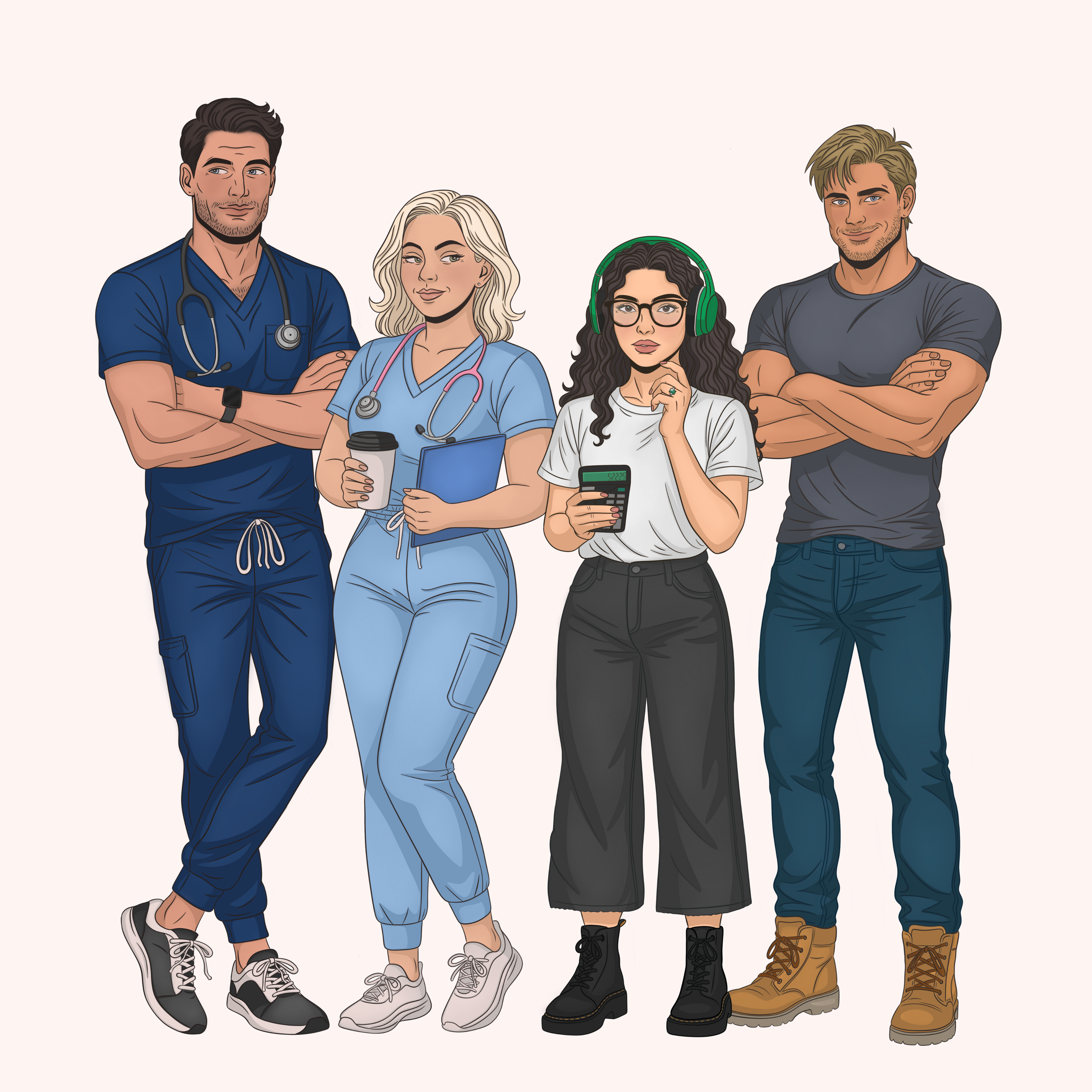 Group of four diverse young adults, two dressed as healthcare professionals in scrubs with stethoscopes, one with headphones and phone, and one casually dressed male, standing confidently against a plain background.