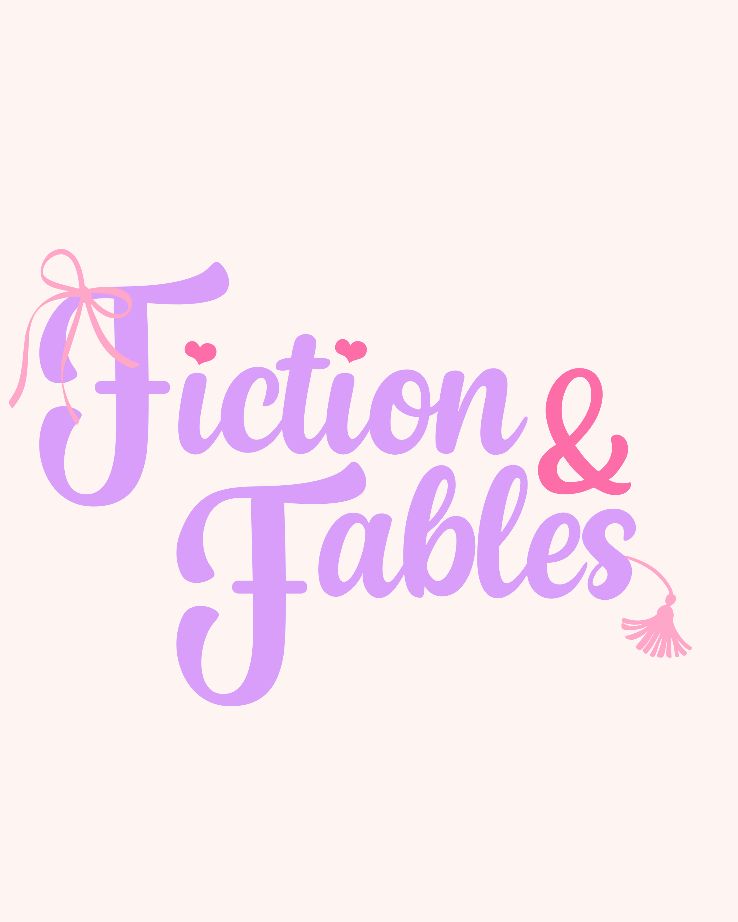 Pink and purple text reading "Fiction & Tales" with a decorative pink ribbon and tassel on a light background.