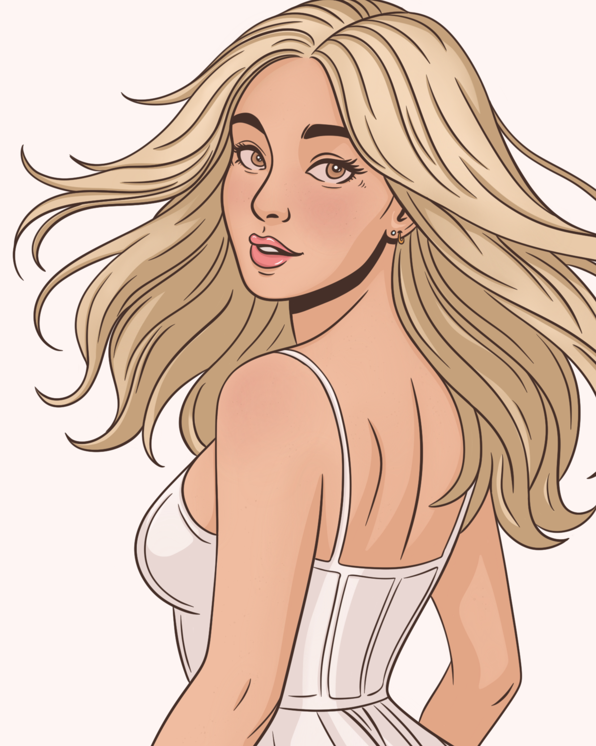 Digital illustration of a woman with long, flowing blonde hair, wearing a white dress with thin straps, and looking over her shoulder with a slight smile.