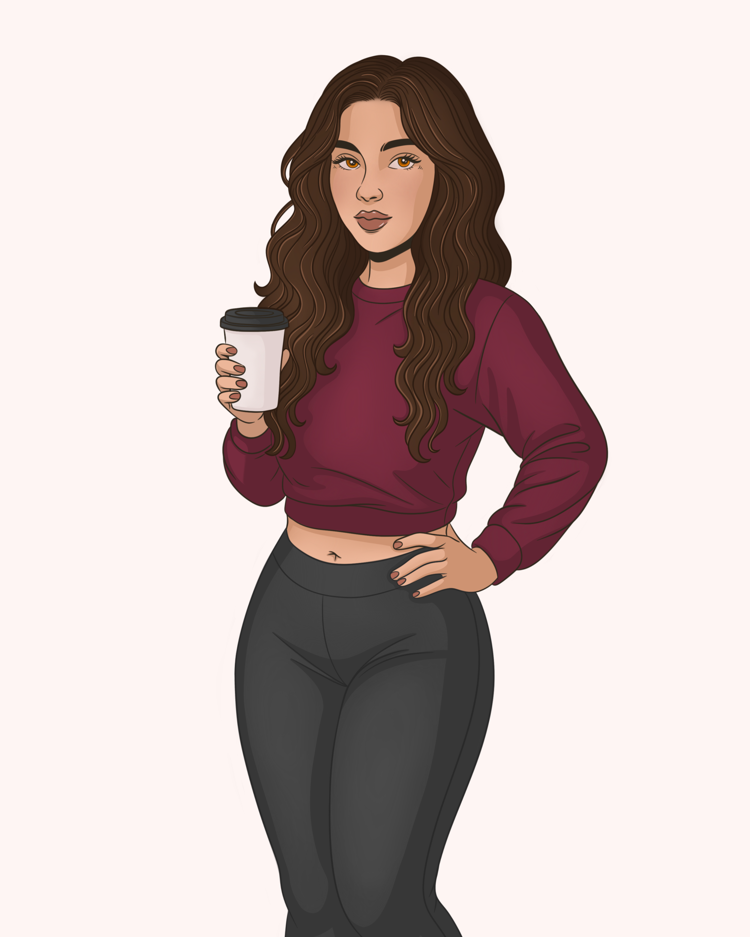 Illustration of a woman with long, wavy brown hair holding a coffee cup, wearing a maroon cropped sweatshirt and black leggings.
