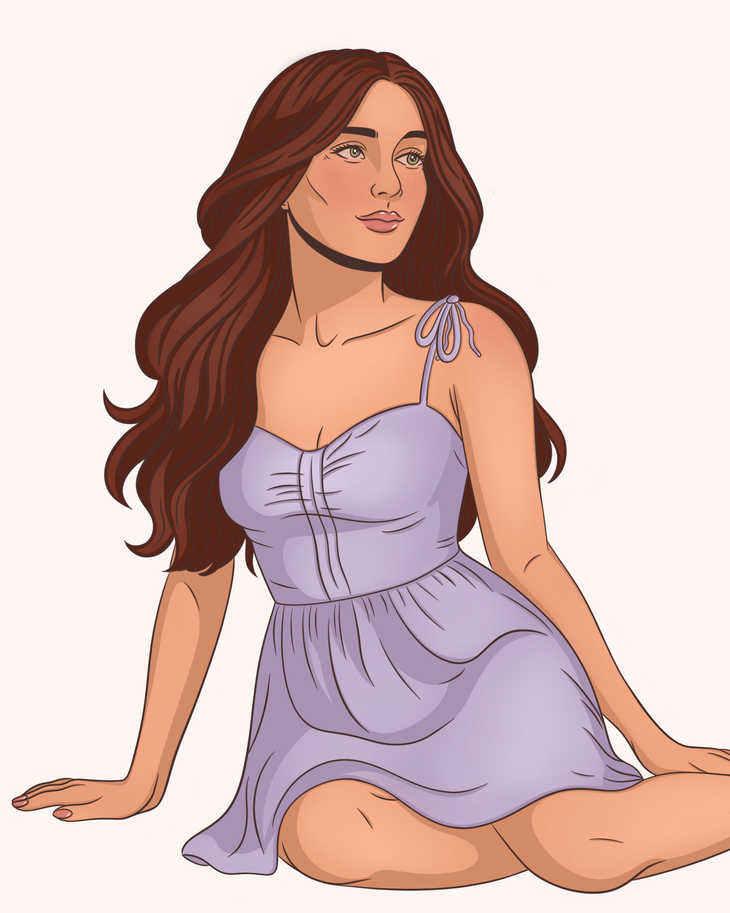 Illustration of a woman with long brown hair, sitting on the floor, wearing a light purple dress with spaghetti straps.