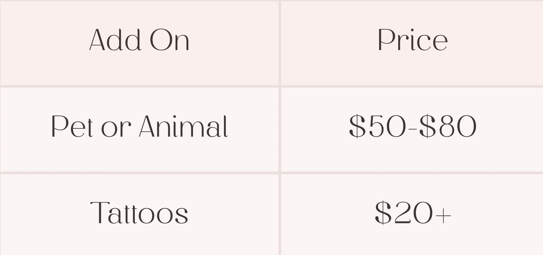 Pricing details for pet or animal add-ons including tattoos costing over $20, with a price range of $50 to $80, and options to add on for more than $20.