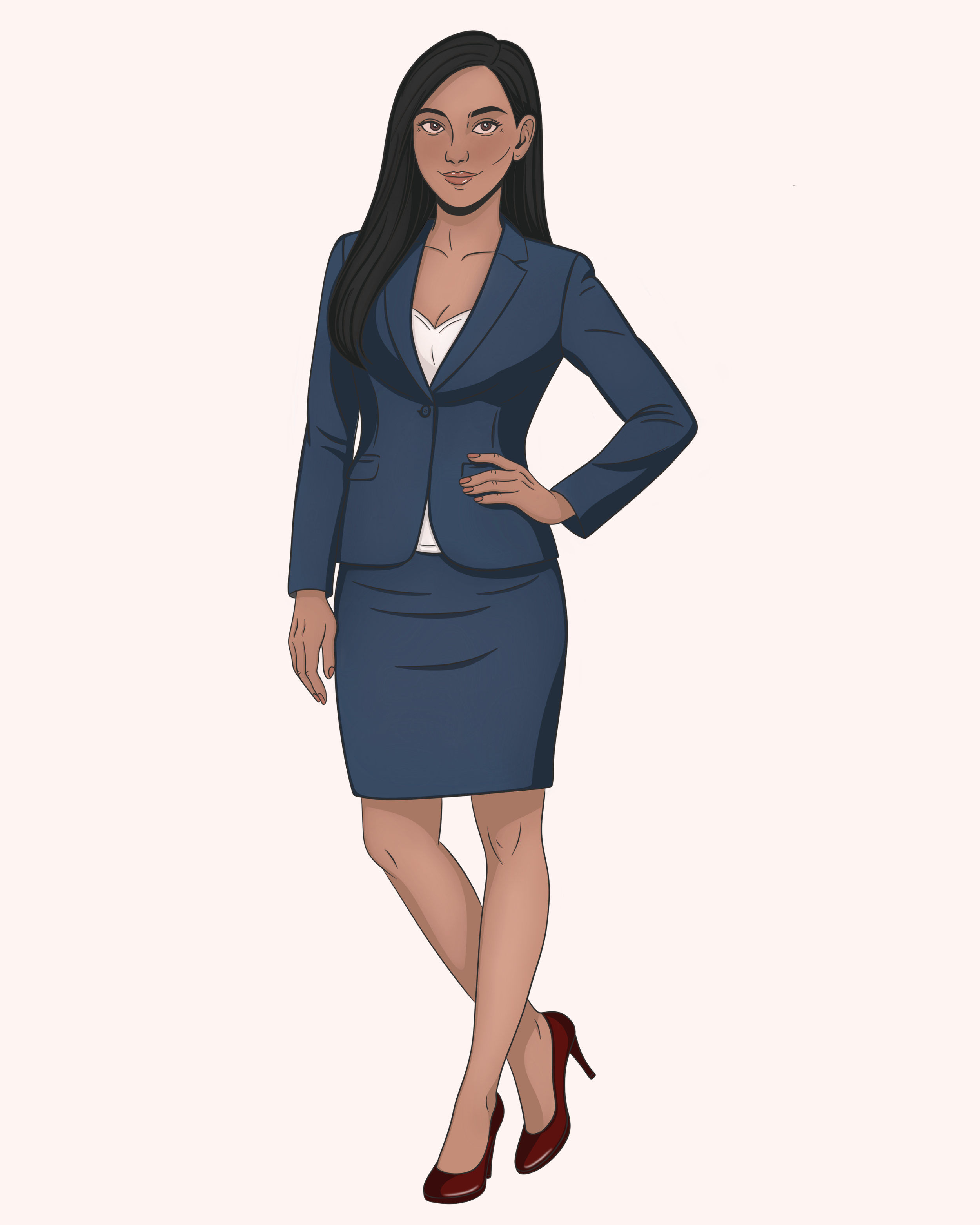 A woman wearing a navy blue business suit, black heels, and a white blouse, standing confidently with one hand on her hip.