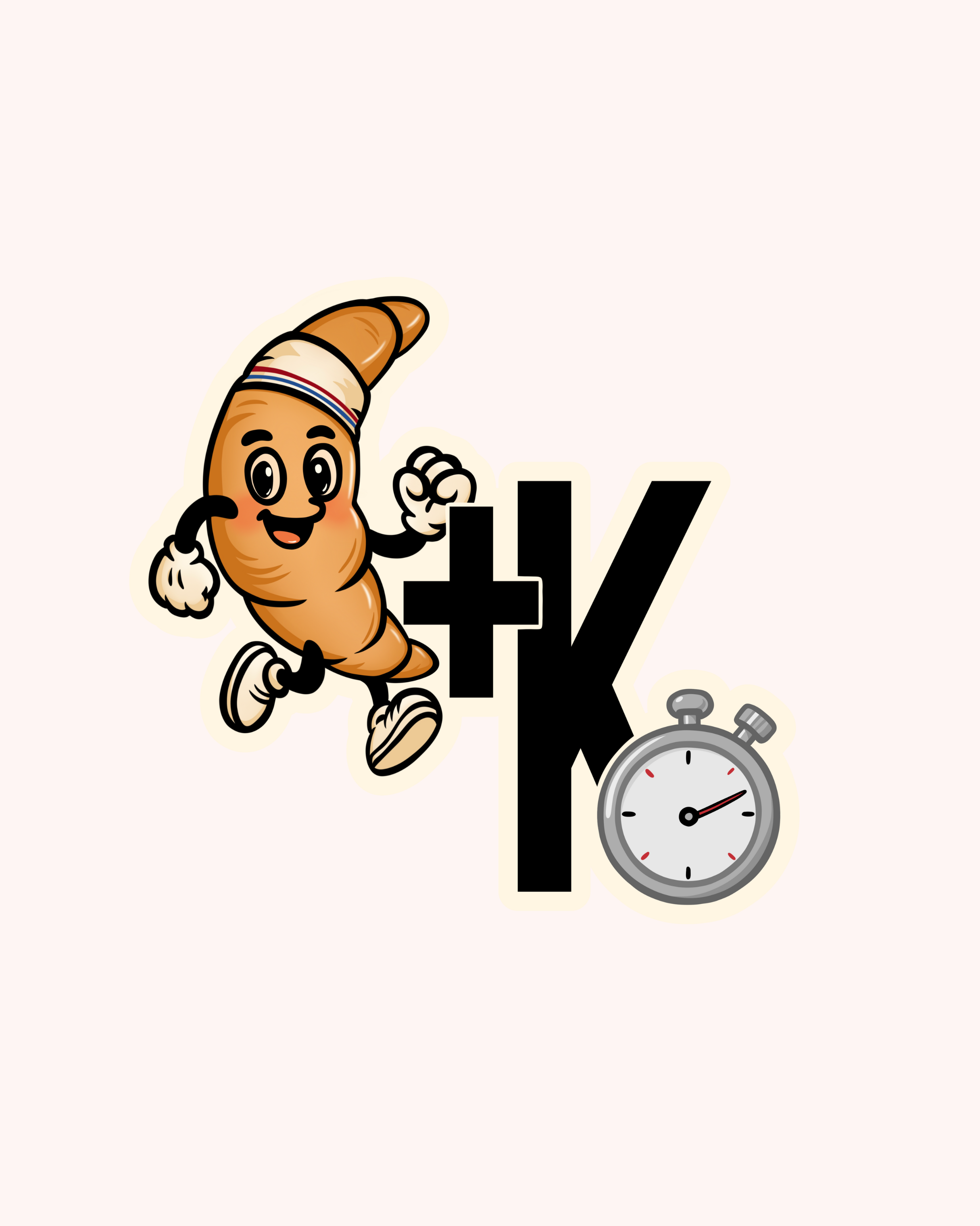 Cartoon croissant character with a face, arms, and legs, running next to the text '+K' and a stopwatch.