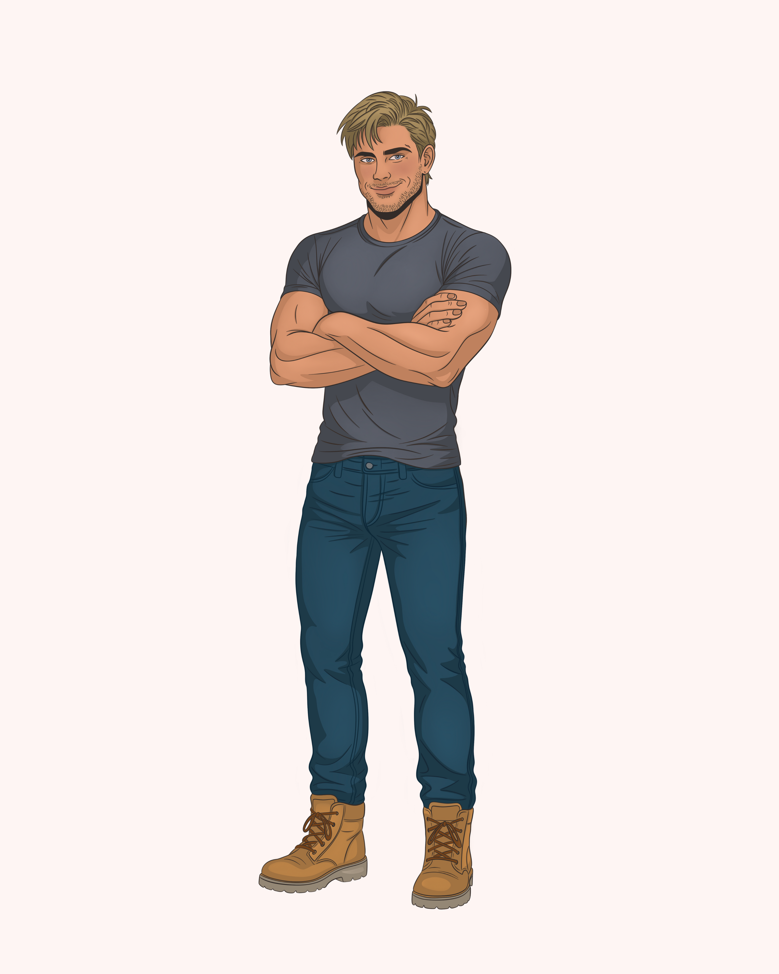 Animated image of a young man with blonde hair, wearing a dark gray t-shirt, blue jeans, and tan work boots, standing with arms crossed and smiling.