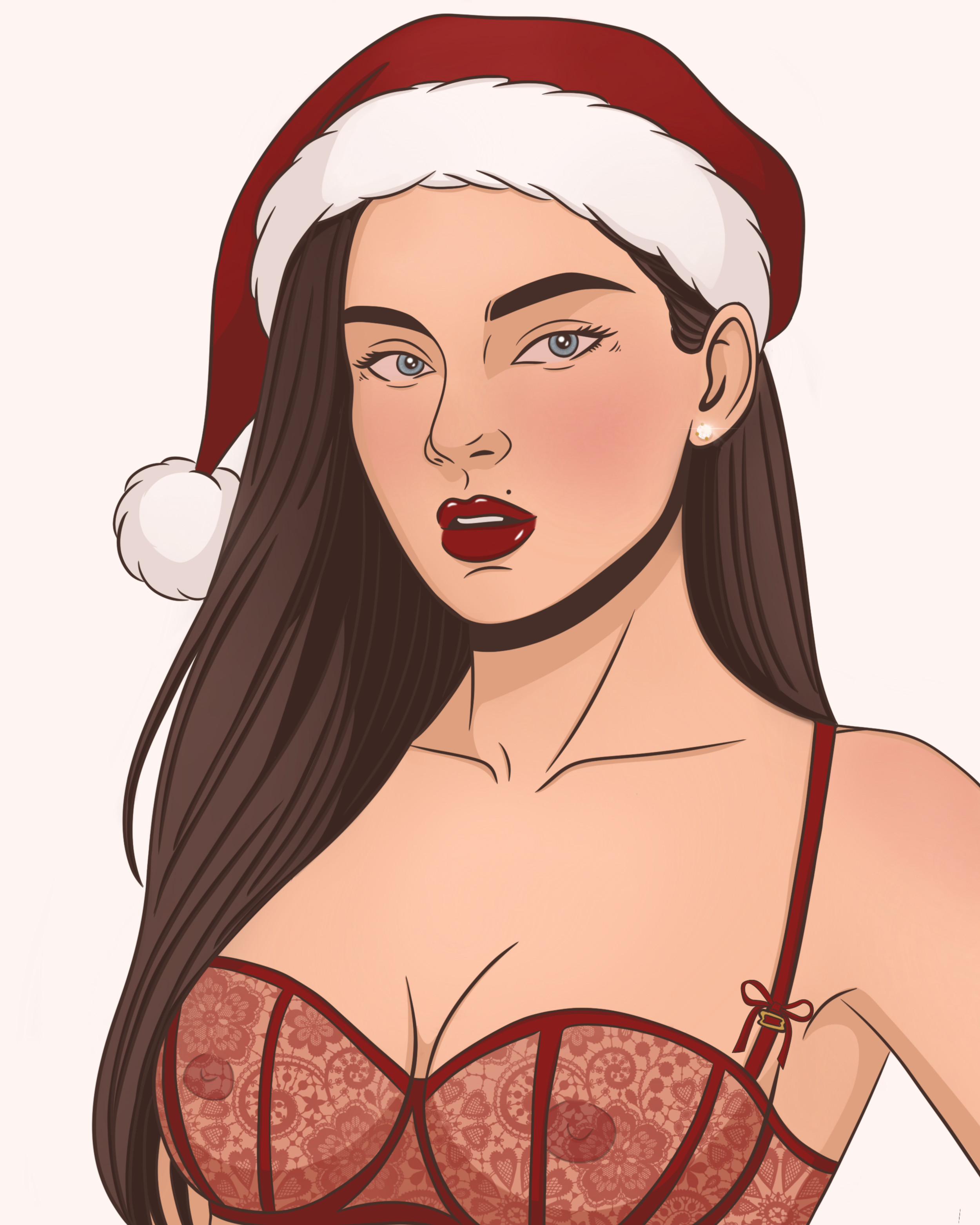 Digital illustration of a woman with long brown hair, wearing a Santa hat, red lace lingerie, and red lipstick.