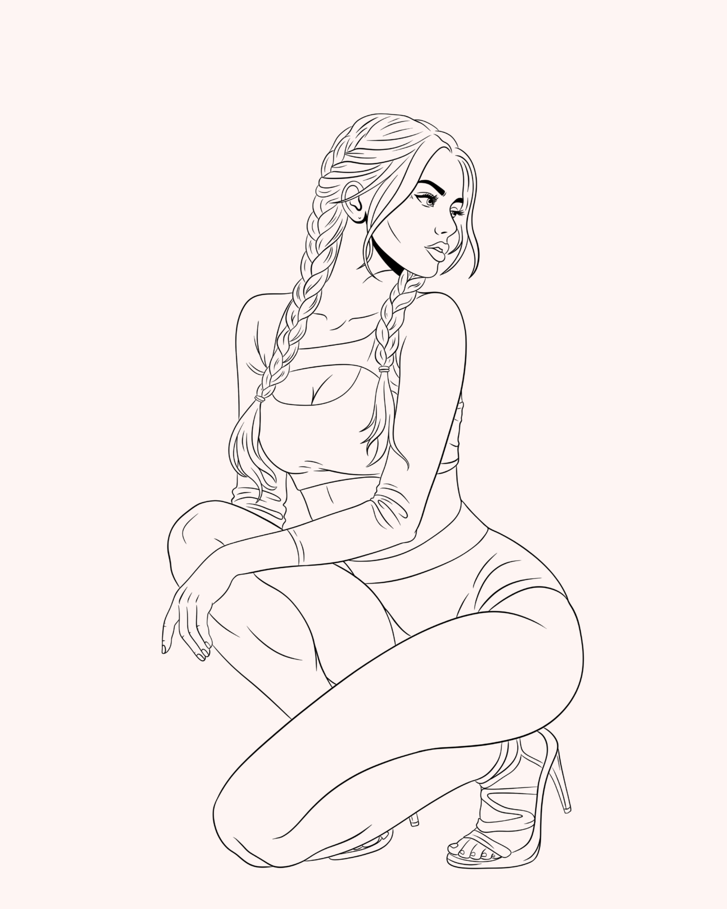 Line art illustration of a woman with long braided hair, wearing a crop top, fitted jeans, and high-heeled sandals, sitting with one leg crossed and her arm resting on her knee, looking to the side.