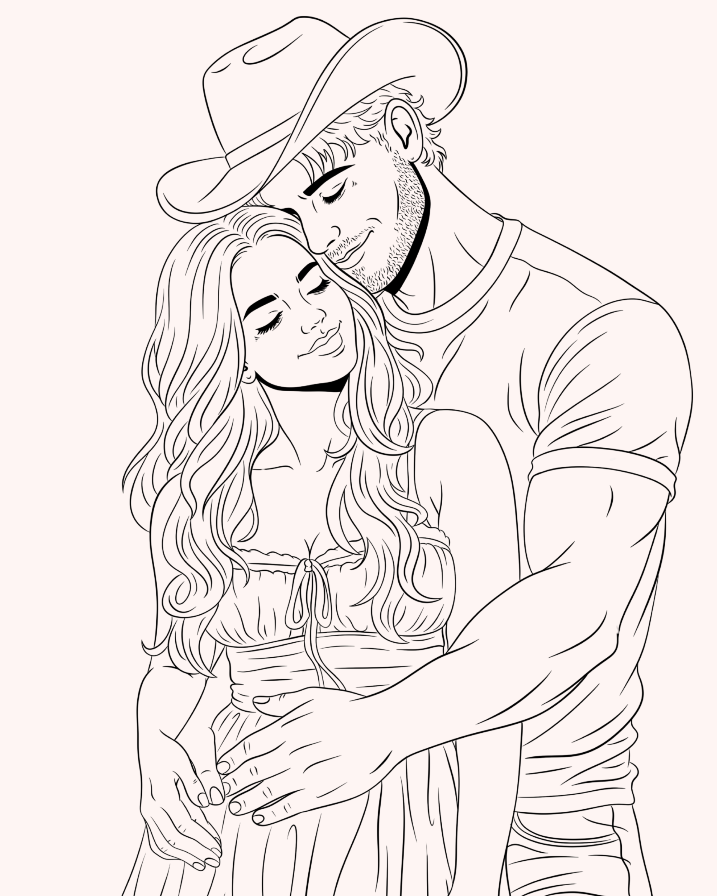 Line drawing of a man and woman embracing, with the man wearing a cowboy hat and both smiling gently.