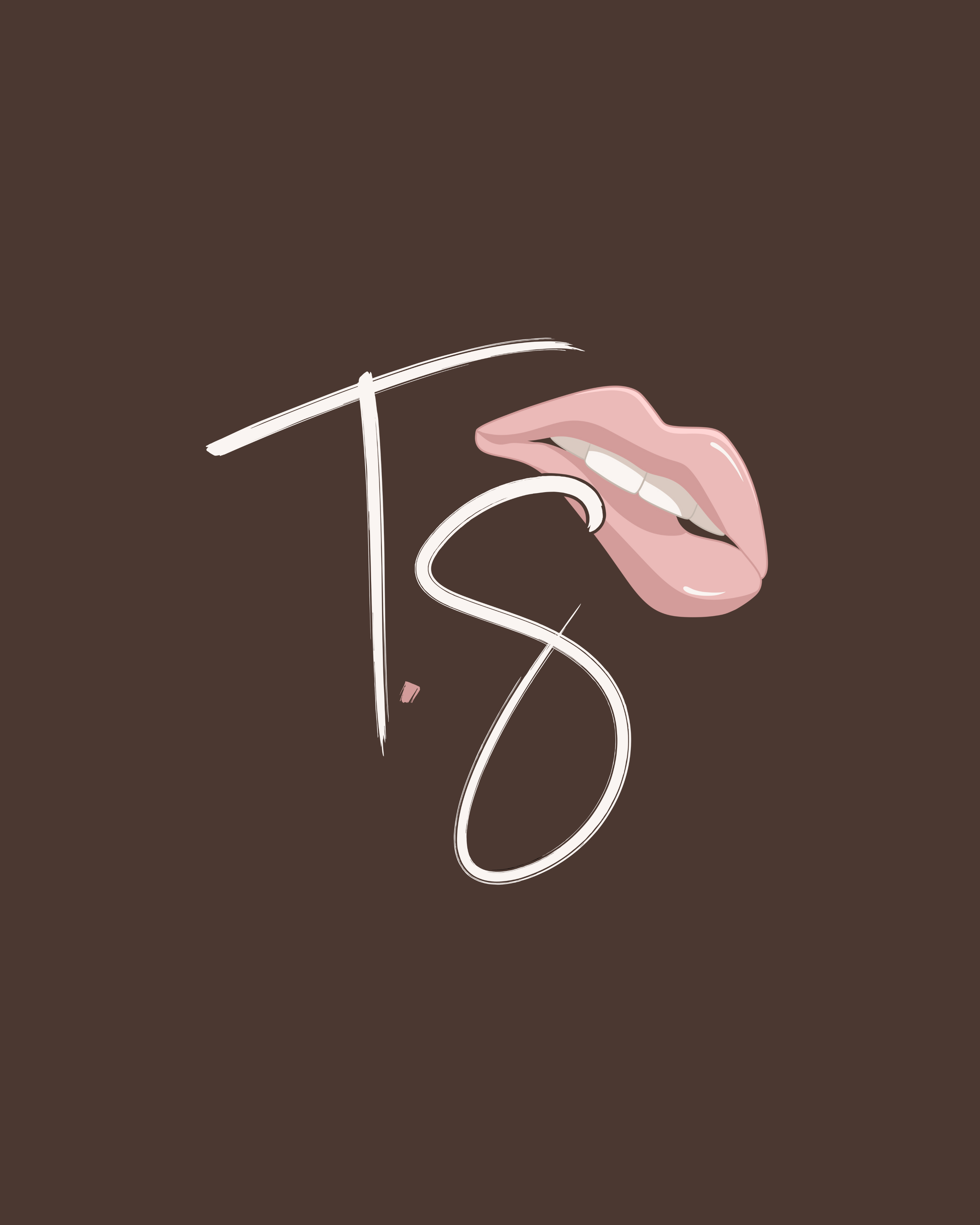 Illustration of a hand with pink lips biting a white wire forming the word 'Te' against a dark brown background.
