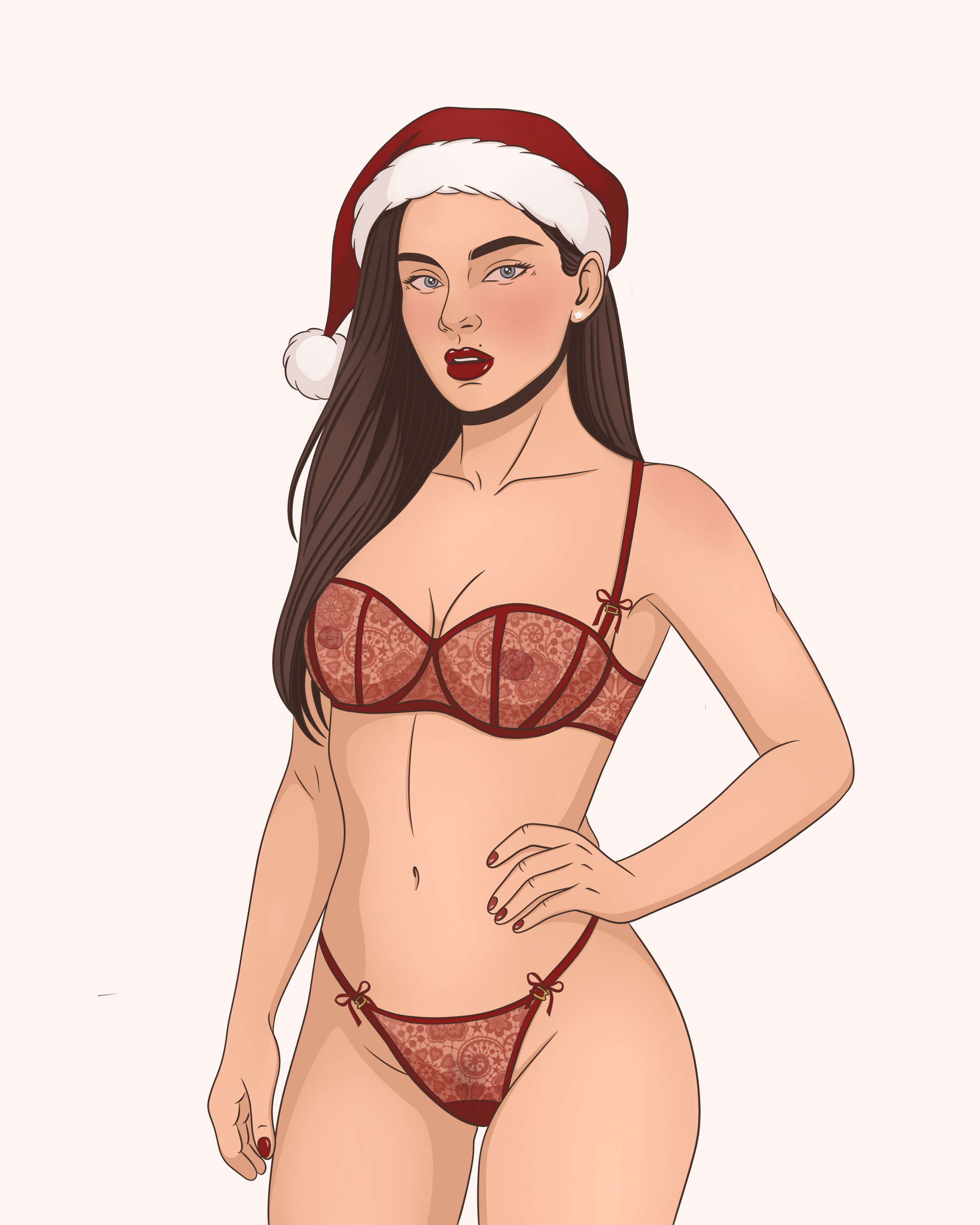 A woman wearing red lace lingerie and a Santa hat, posing with one hand on her hip.