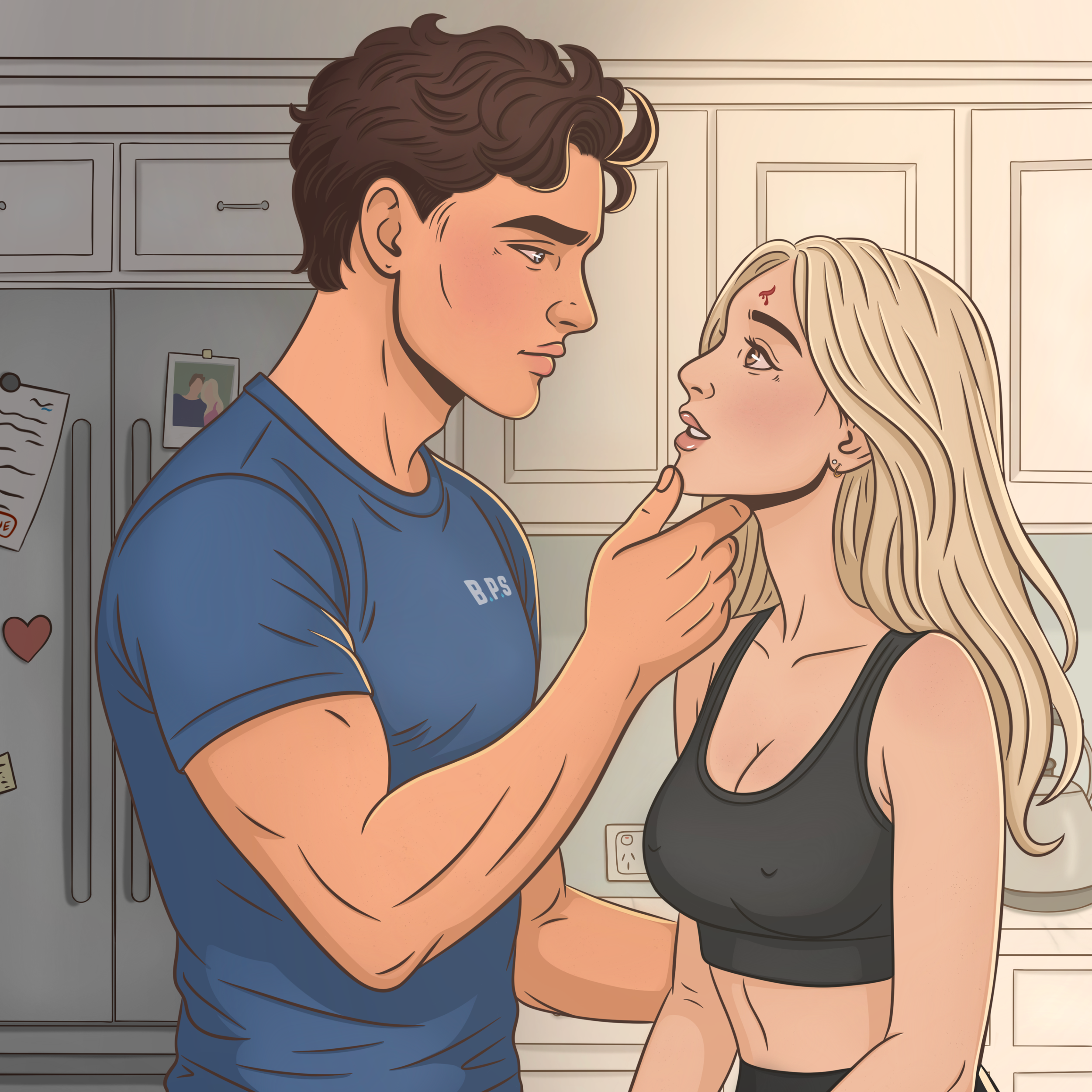 A young man with muscular arms gently touches a young woman’s chin in a kitchen. The woman has long blonde hair and wears a black sports bra. They are looking into each other's eyes.