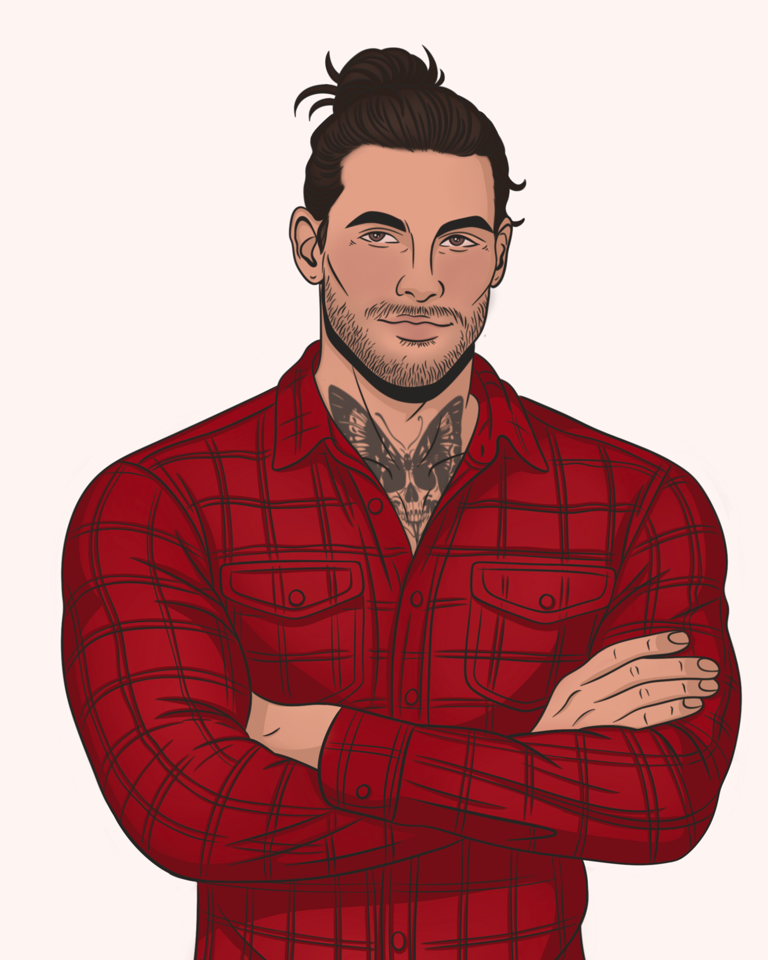 Illustration of a man with dark hair in a bun, tattoos on neck, wearing a red checkered shirt, crossing arms.