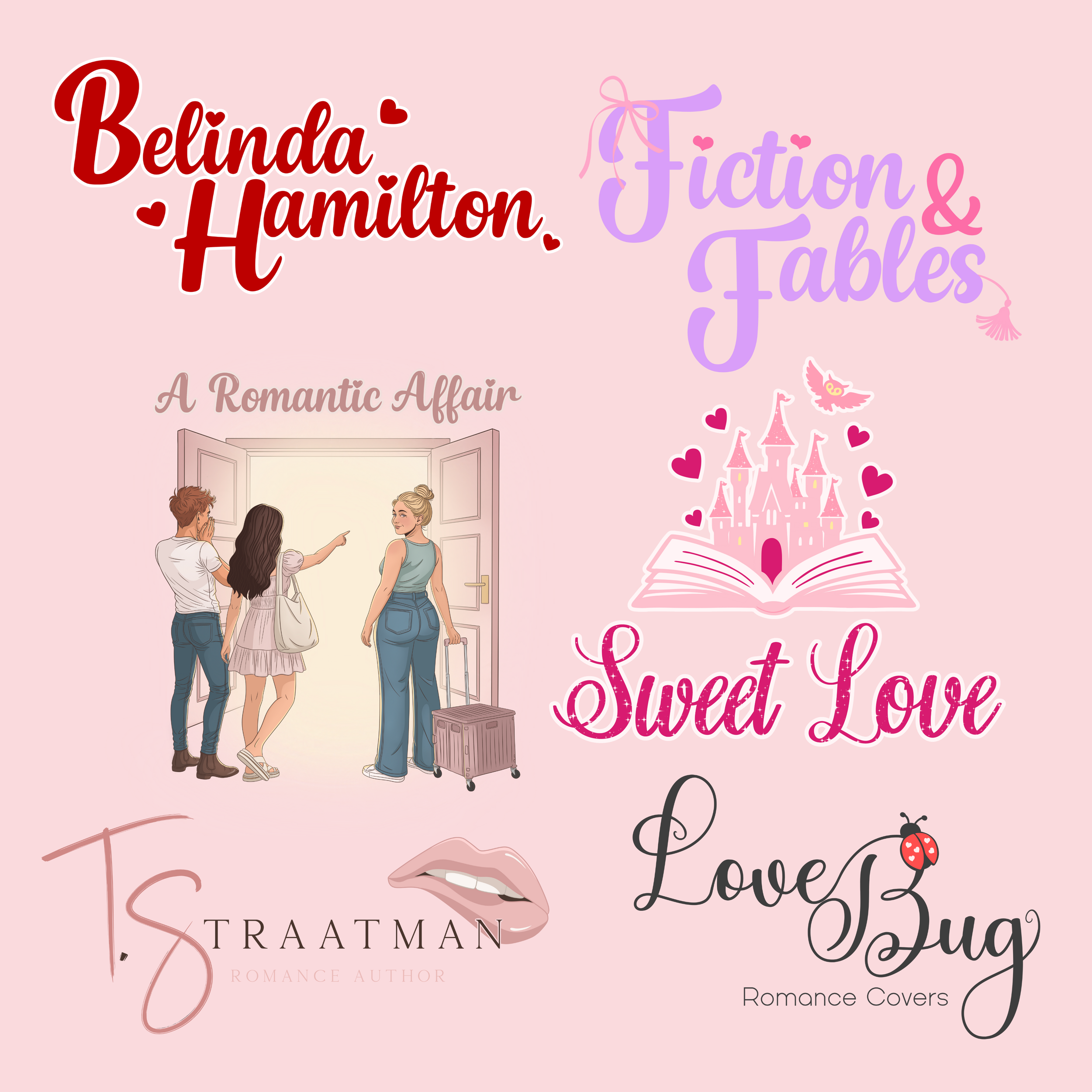 Pink book cover with titles and illustrations related to romance novels, featuring a girl, a woman with a suitcase, an open book with a castle, hearts, a bird, lips, and a ladybug.