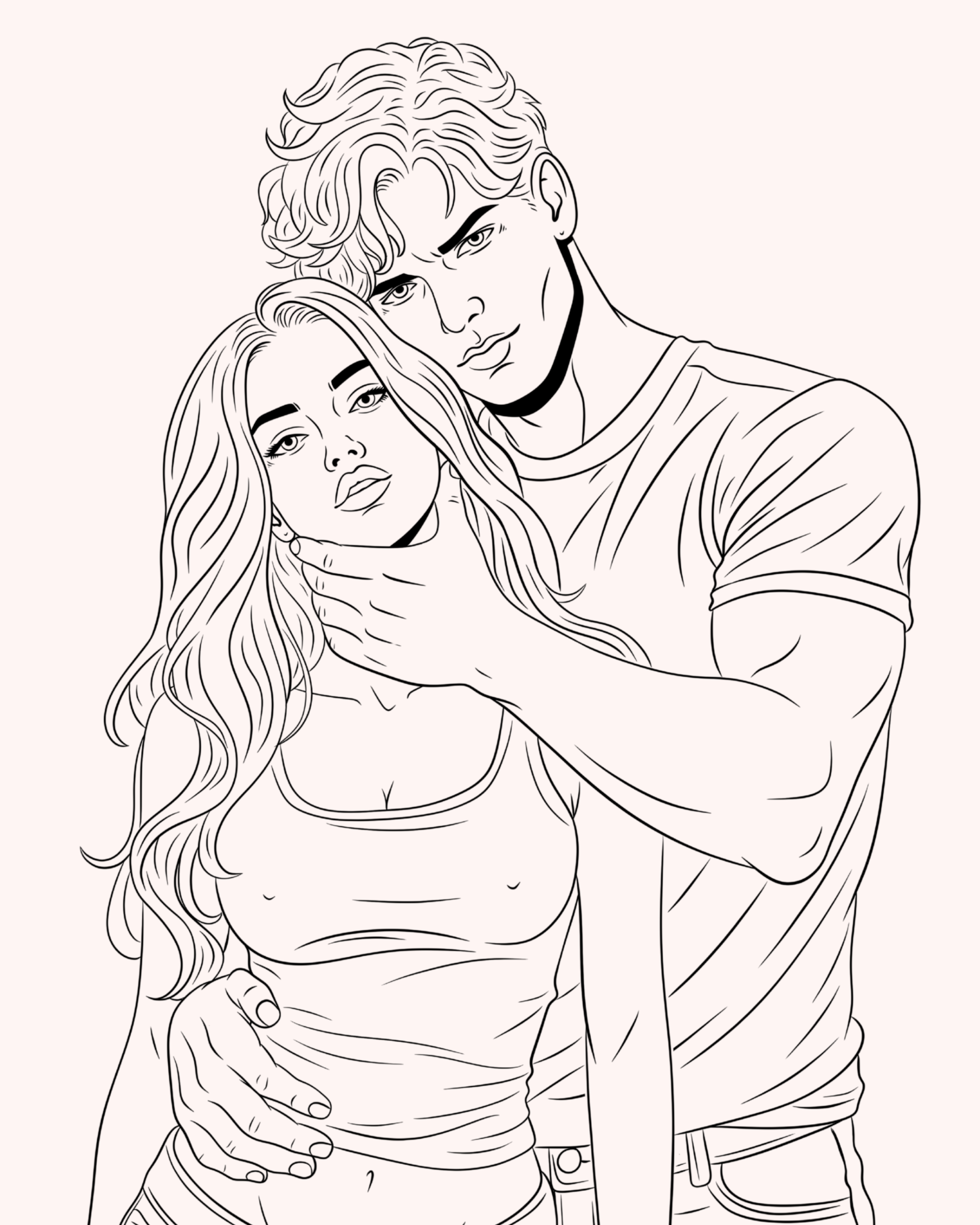 Line drawing of a young man with wavy hair and a confident expression holding a young woman from behind. The woman has long wavy hair, a slightly serious look, and is wearing a tank top. The man is wearing a short-sleeved shirt, and his hand is aroun