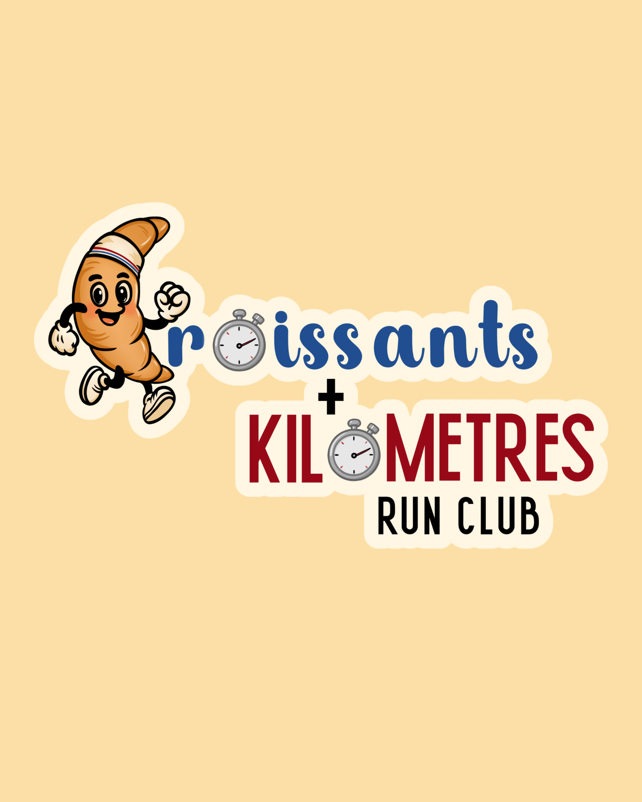 Logo for croissants and kilometers run club featuring a cartoon croissant character with running shoes and a headband, with the text 'croissants + KILOMETRES RUN CLUB' accompanied by stopwatch icons.