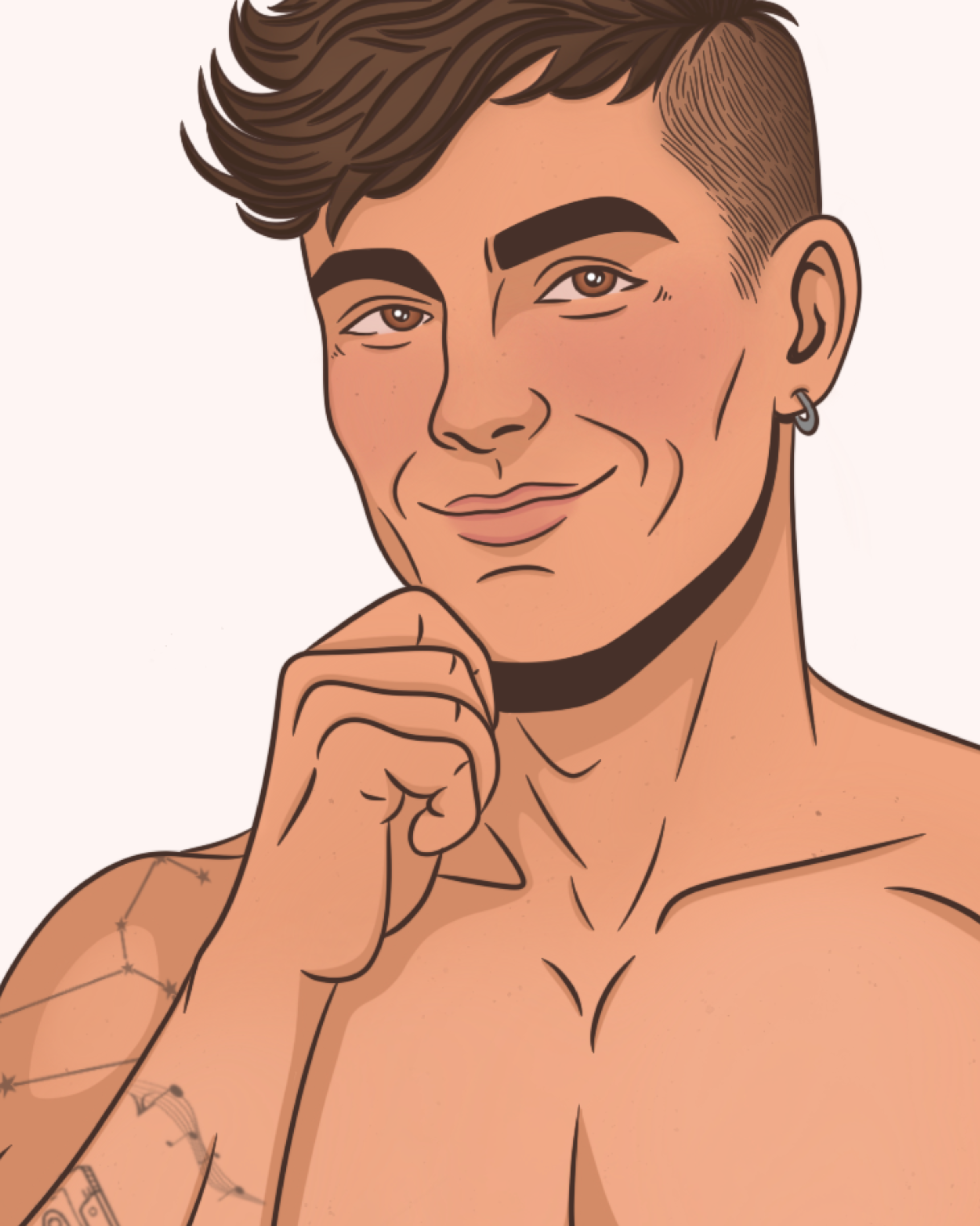 Digital illustration of a smiling young man with short brown hair, an earring, and a tattoo on his arm, posing with his hand near his chin.