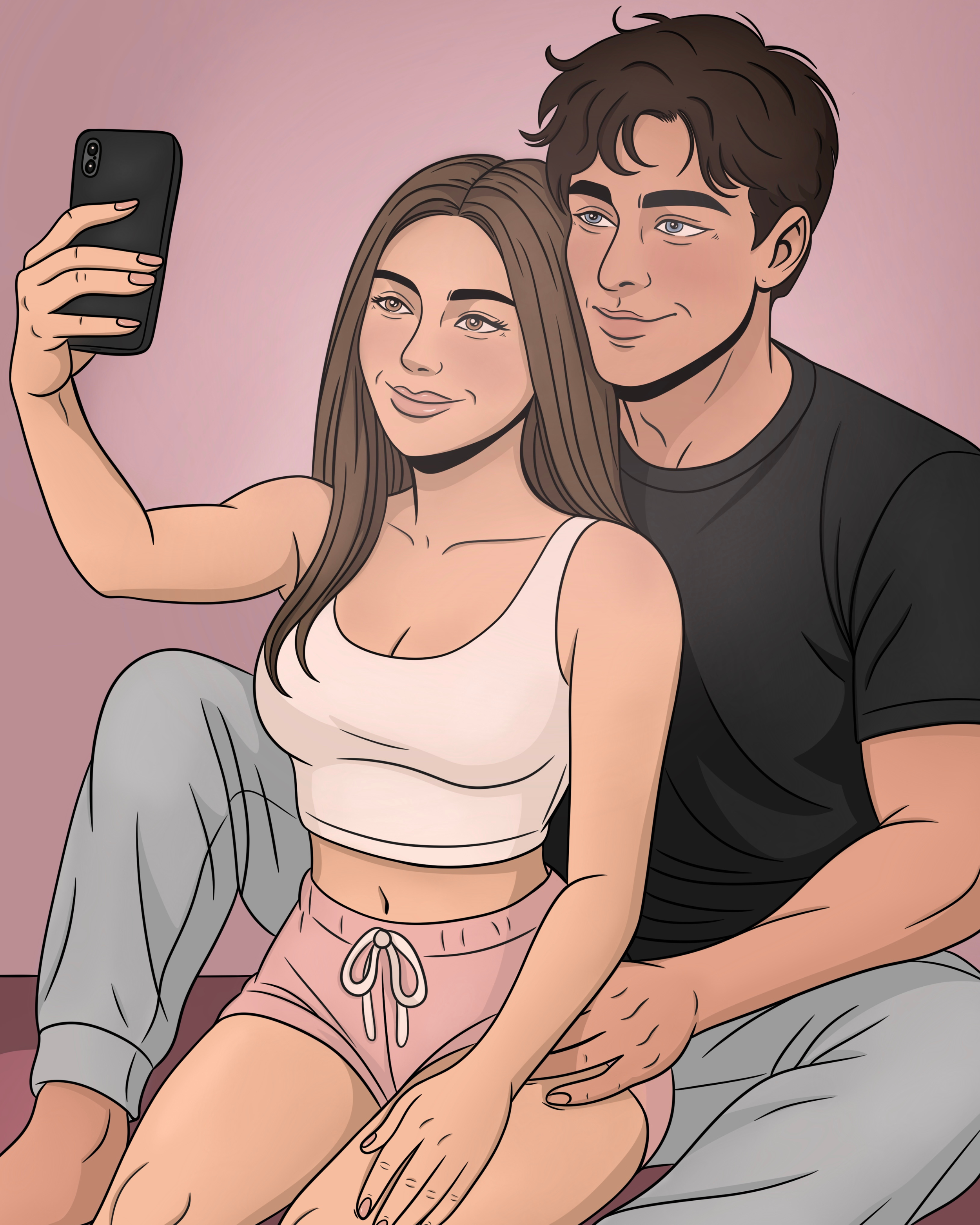 A cartoon-style illustration of a young couple taking a selfie together. The woman has long brown hair and is wearing a white crop top and pink shorts, while the man has dark curly hair and is dressed in a black T-shirt and gray pants. They are sitti