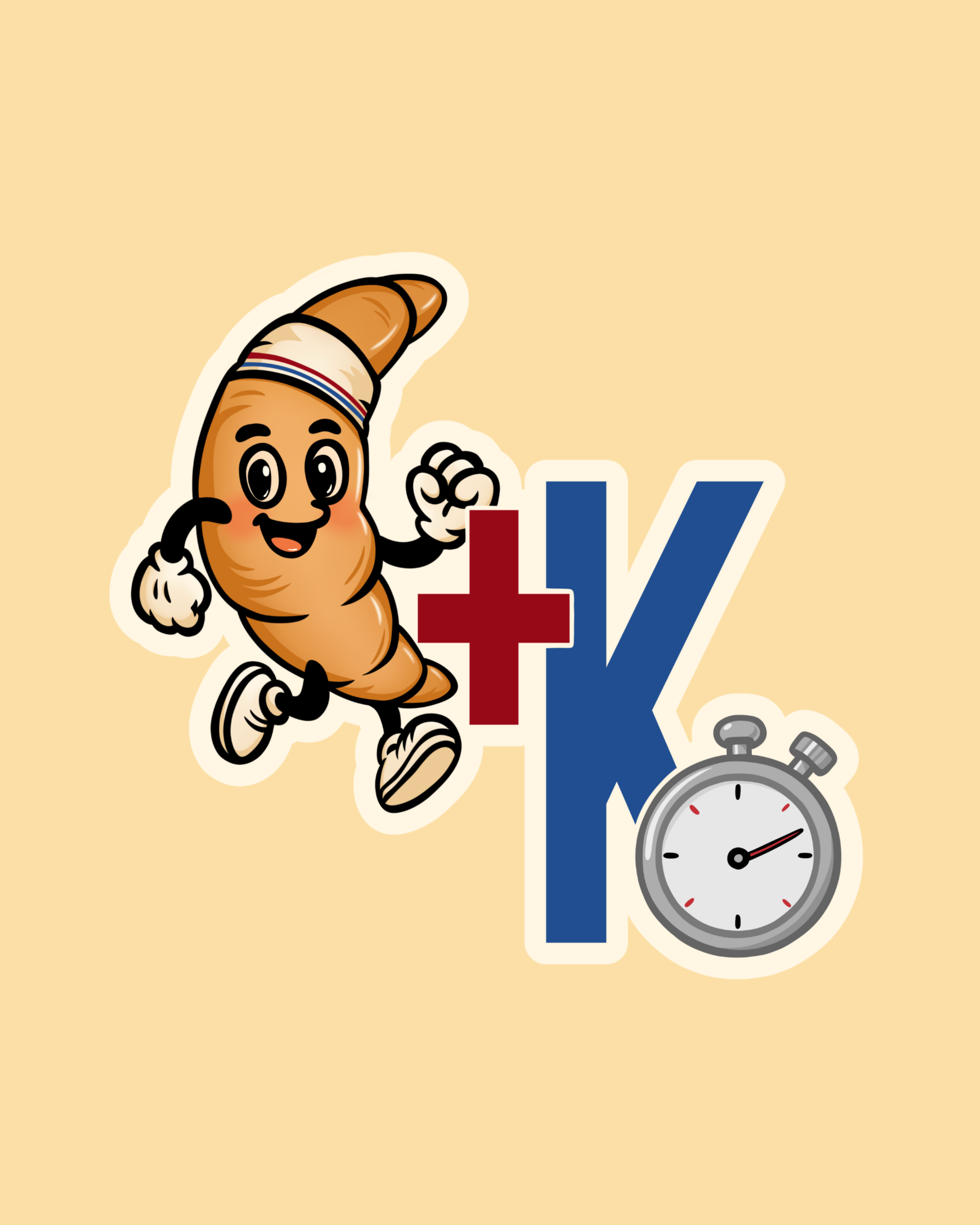 A cartoon croissant character with arms, legs, and a smiling face, running alongside a large letter 'K' and a stopwatch, on a beige background.