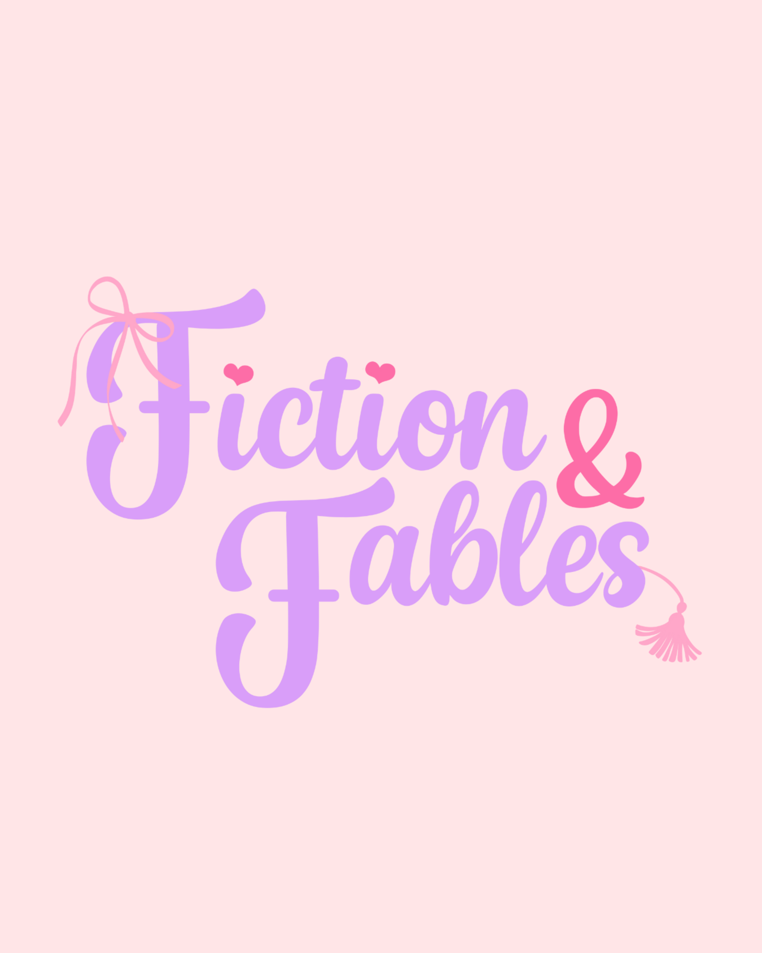Decorative graphic with pastel pink background and text reading 'Fiction & Fables' in purple and pink, with pink heart accents and bows.